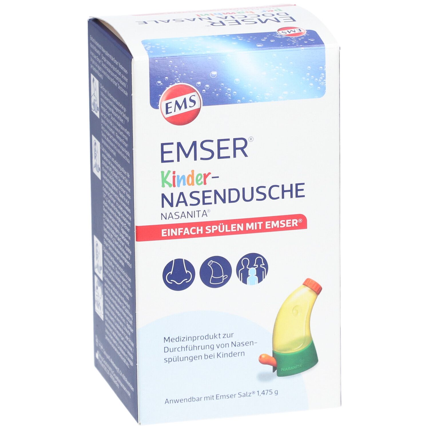 Verpackung von Emser® Kinder-Nasendusche Nasanita®. Weißer Karton mit Logo und Nasendusche-Abbildung. Medizinprodukt für Kinder.
