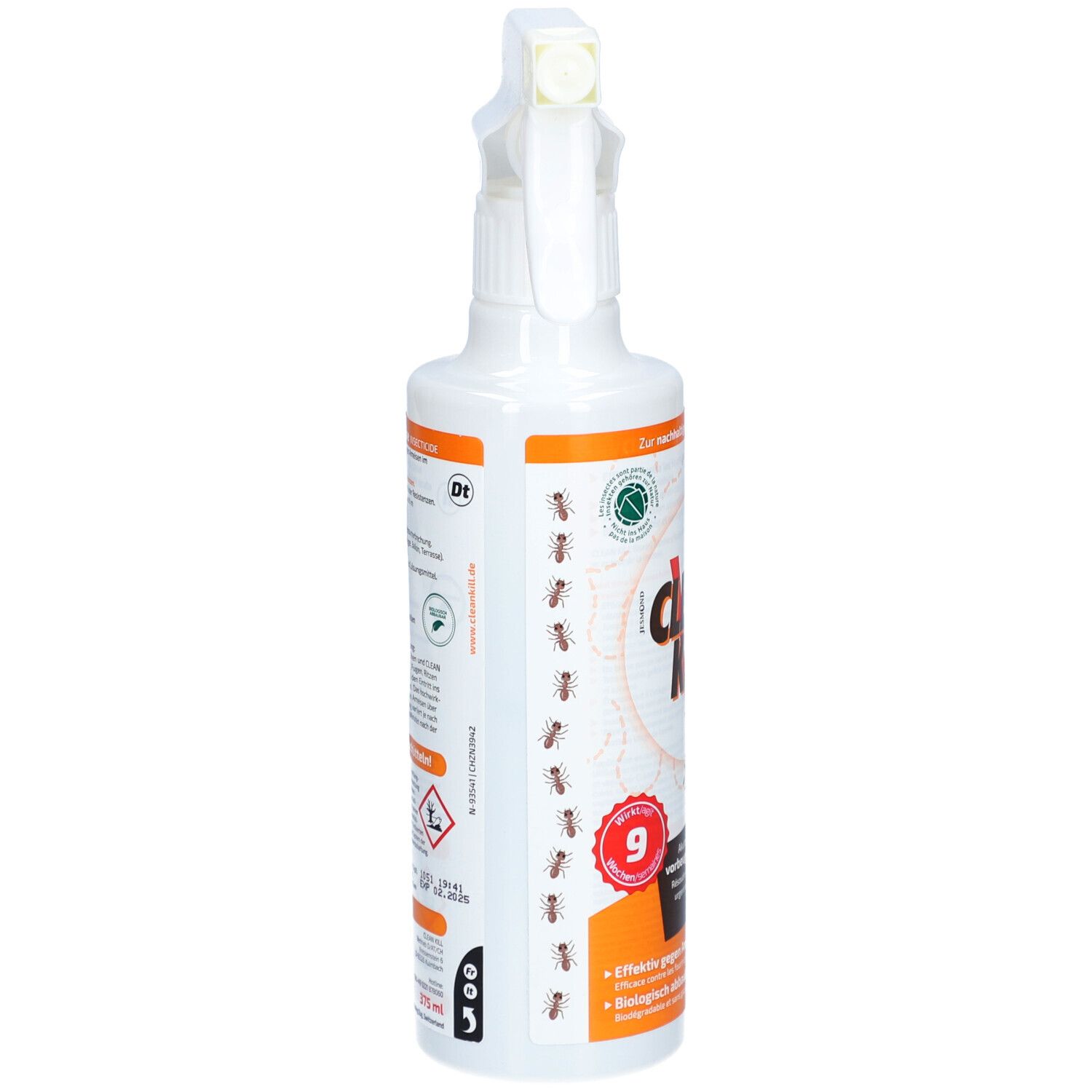 Rückansicht der weißen Sprühflasche. CLEAN KILL-Logo und Insektensymbol. Text und Logos auf dem Etikett.