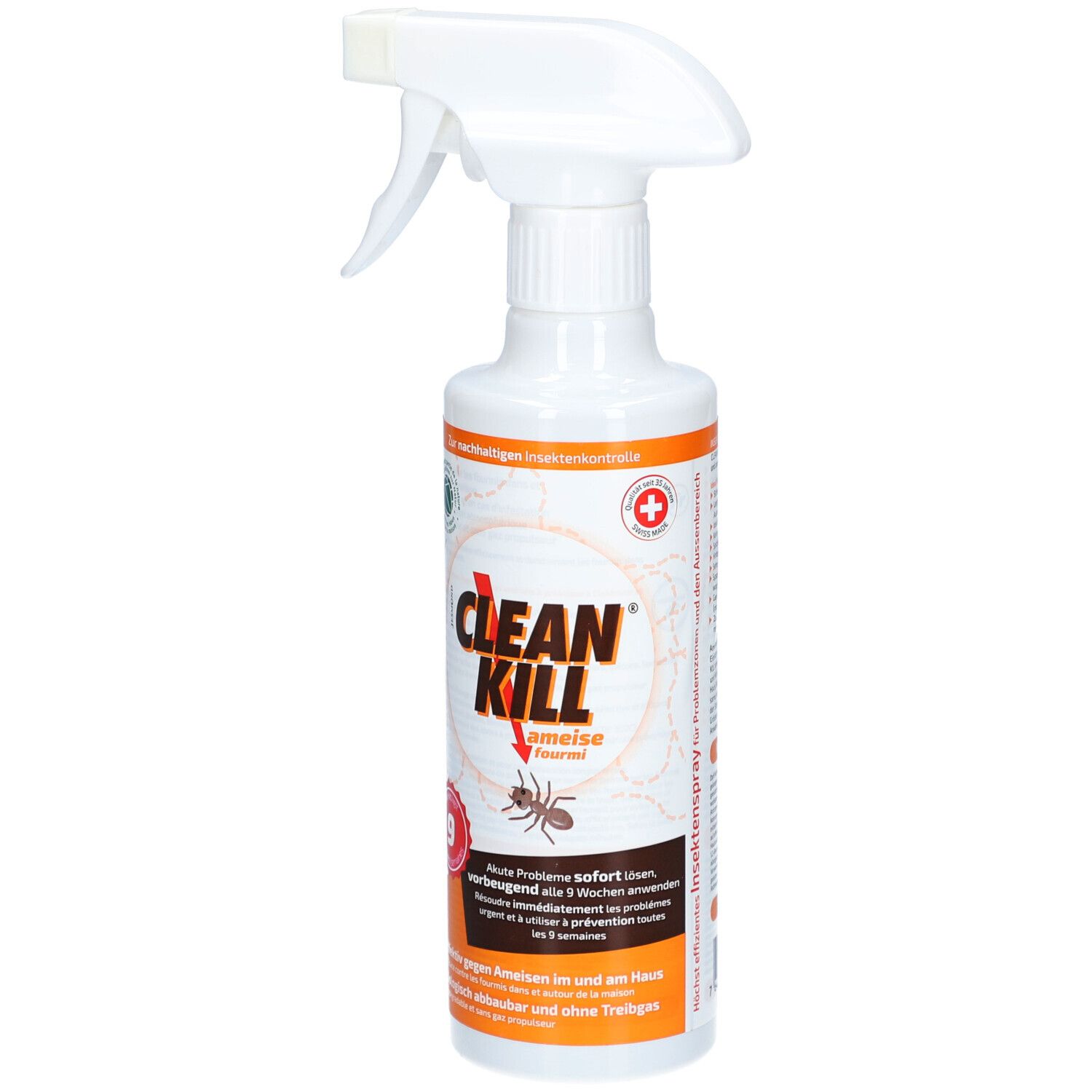 Weiße Sprühflasche mit CLEAN KILL-Logo und Insektensymbol. Orangefarbene Akzente. Schweizer Kreuz und andere Logos.