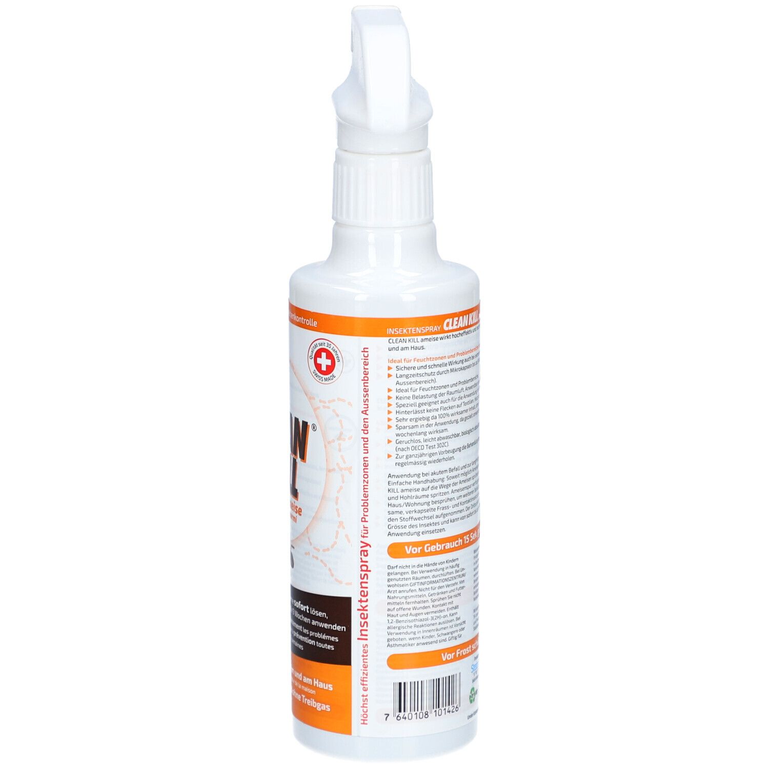 Rückansicht der weißen Sprühflasche. Textinformationen und Logos auf dem Etikett. Volumenangabe 375 ml.
