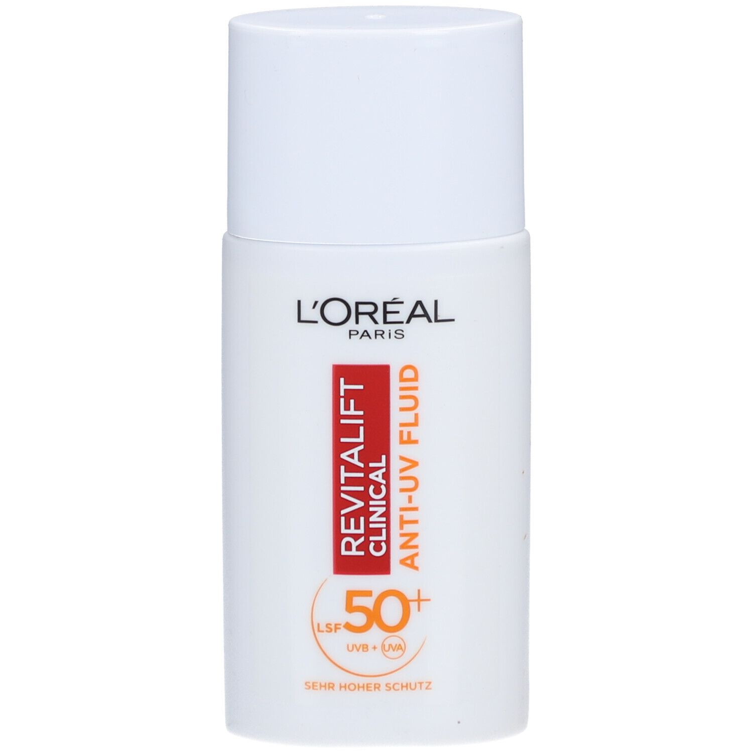 Weiße Flasche L'Oréal Revitalift Clinical Anti-UV Fluid. Roter Schriftzug, LSF 50+. Sehr hoher Schutz.