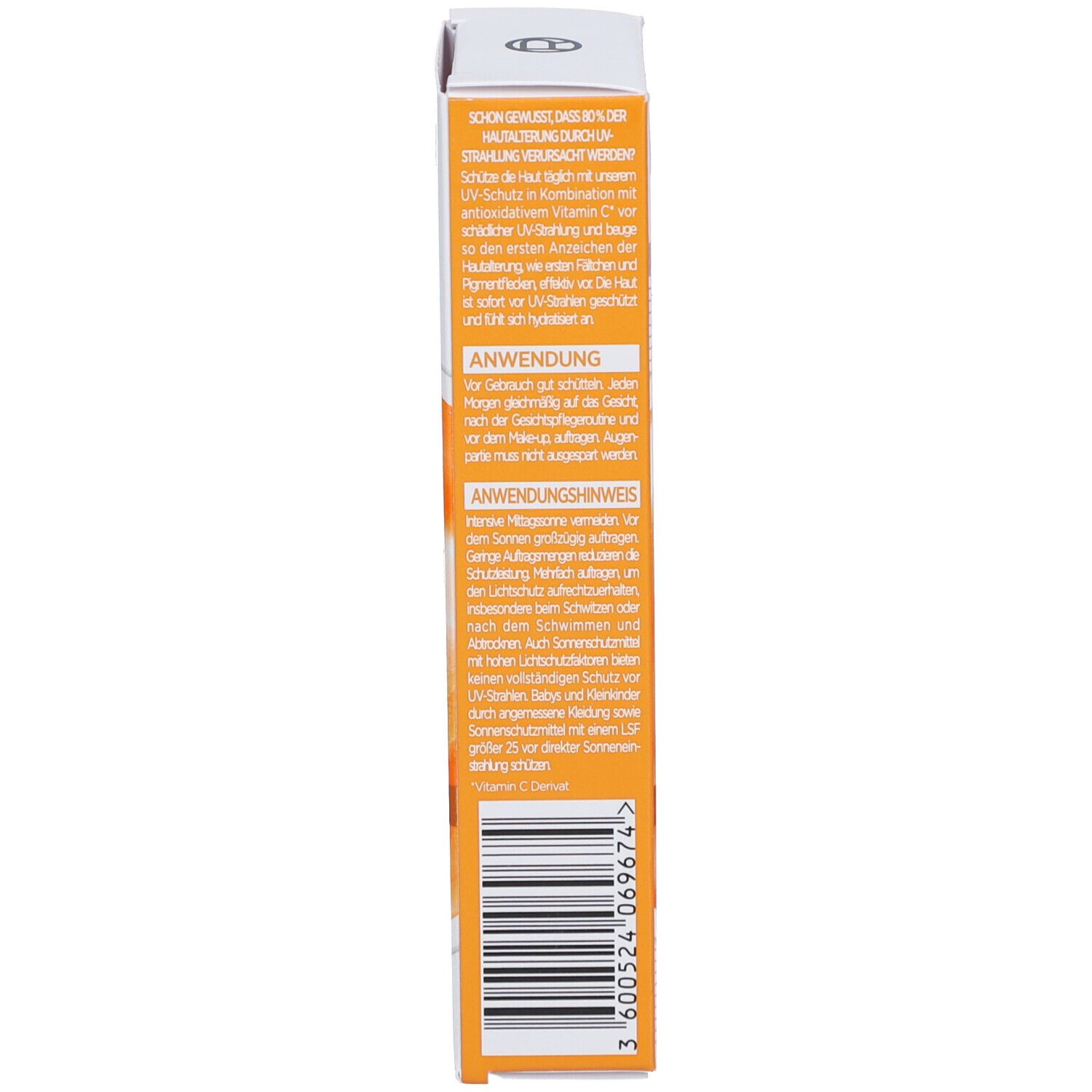 Verpackung L'Oréal Revitalift Clinical Anti-UV Fluid. Orangefarbener Hintergrund. Text mit Anwendungshinweisen und Inhaltsstoffen.