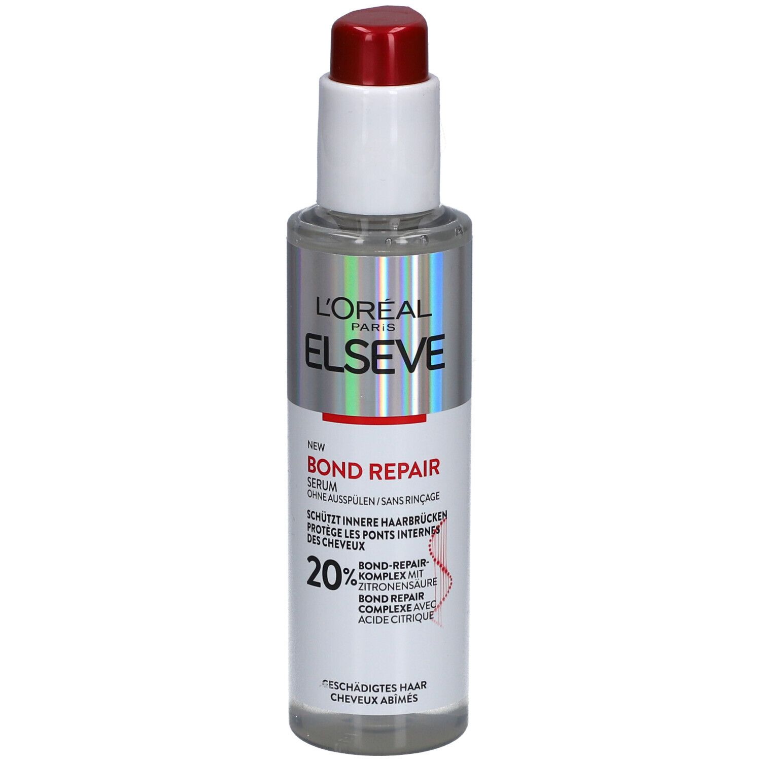 Flacon de sérum avec pompe rouge. Inscription: ELSEVE, BOND REPAIR. Sans rinçage. Complexe Bond-Repair 20%.