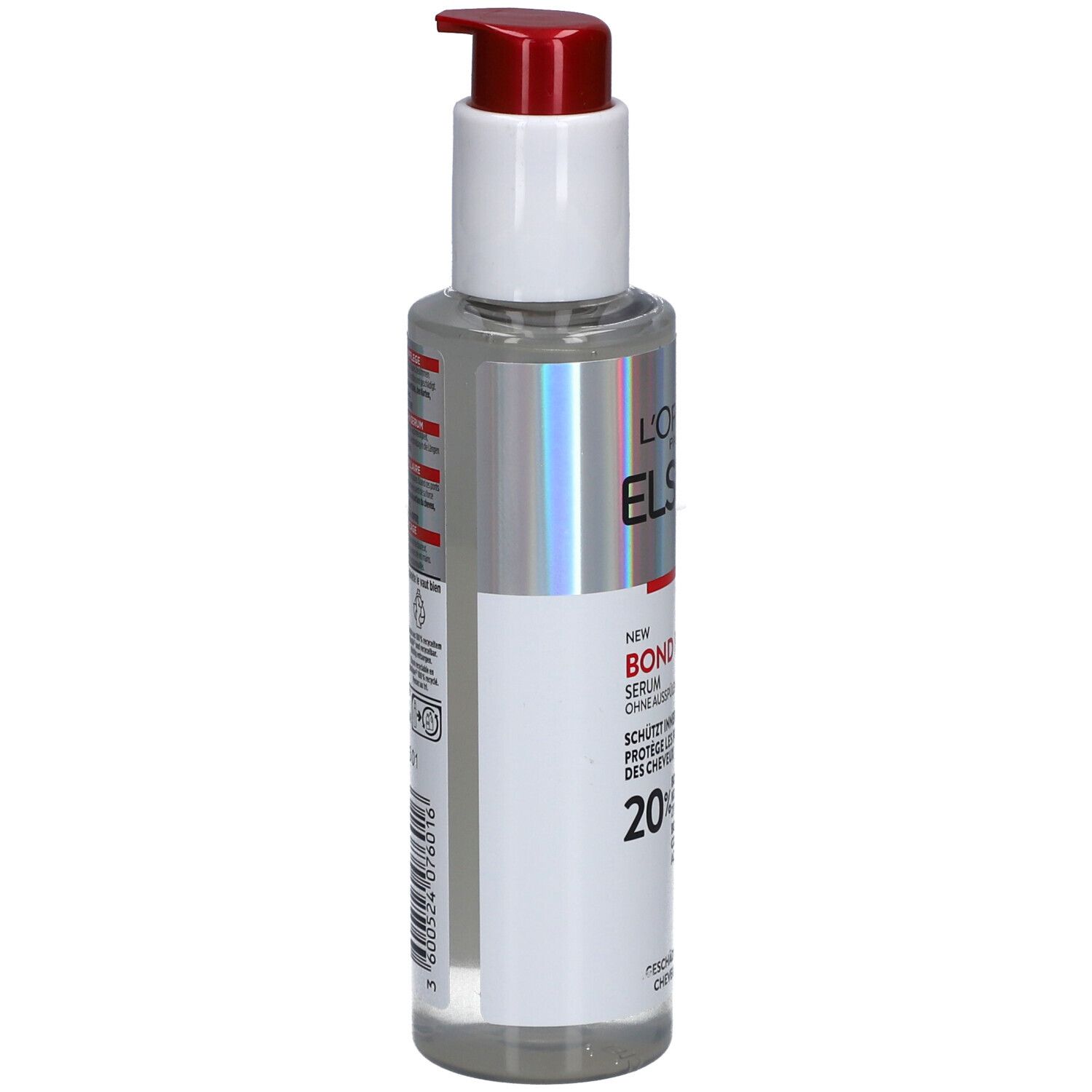 Dos du flacon de sérum. Pompe blanche, étiquettes argentées et blanches. Texte: BOND REPAIR, ELSEVE. Code-barres.
