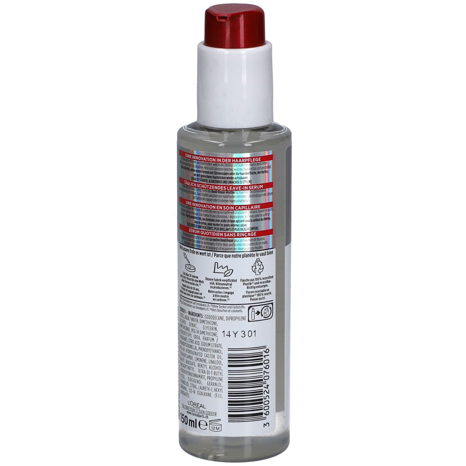 Dos du flacon de sérum. Pompe blanche, étiquettes argentées et blanches. Texte: ELSEVE, BOND REPAIR. 150ml.