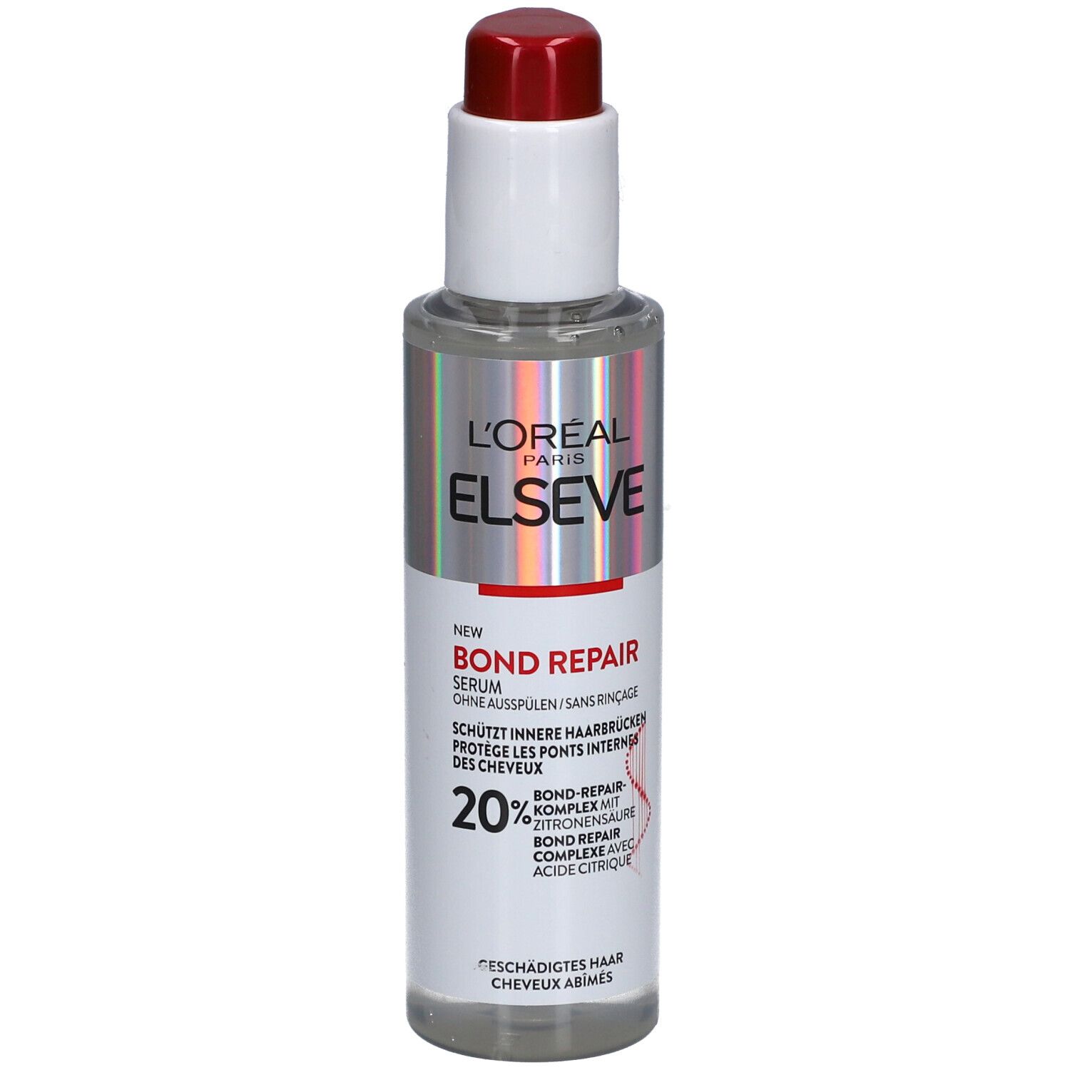 Flacon de sérum avec pompe rouge. Inscription: ELSEVE, BOND REPAIR. Sans rinçage. Complexe Bond-Repair 20%.