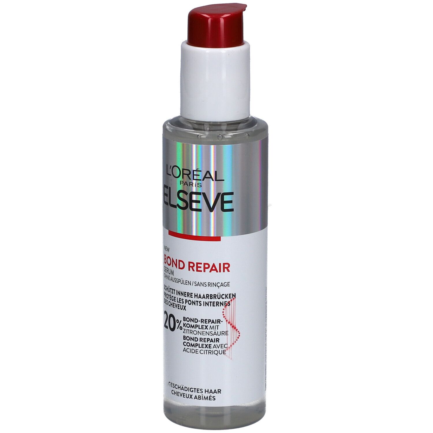 Flacon de sérum avec pompe rouge. Inscription: ELSEVE, BOND REPAIR. Sans rinçage. Complexe Bond-Repair 20%.