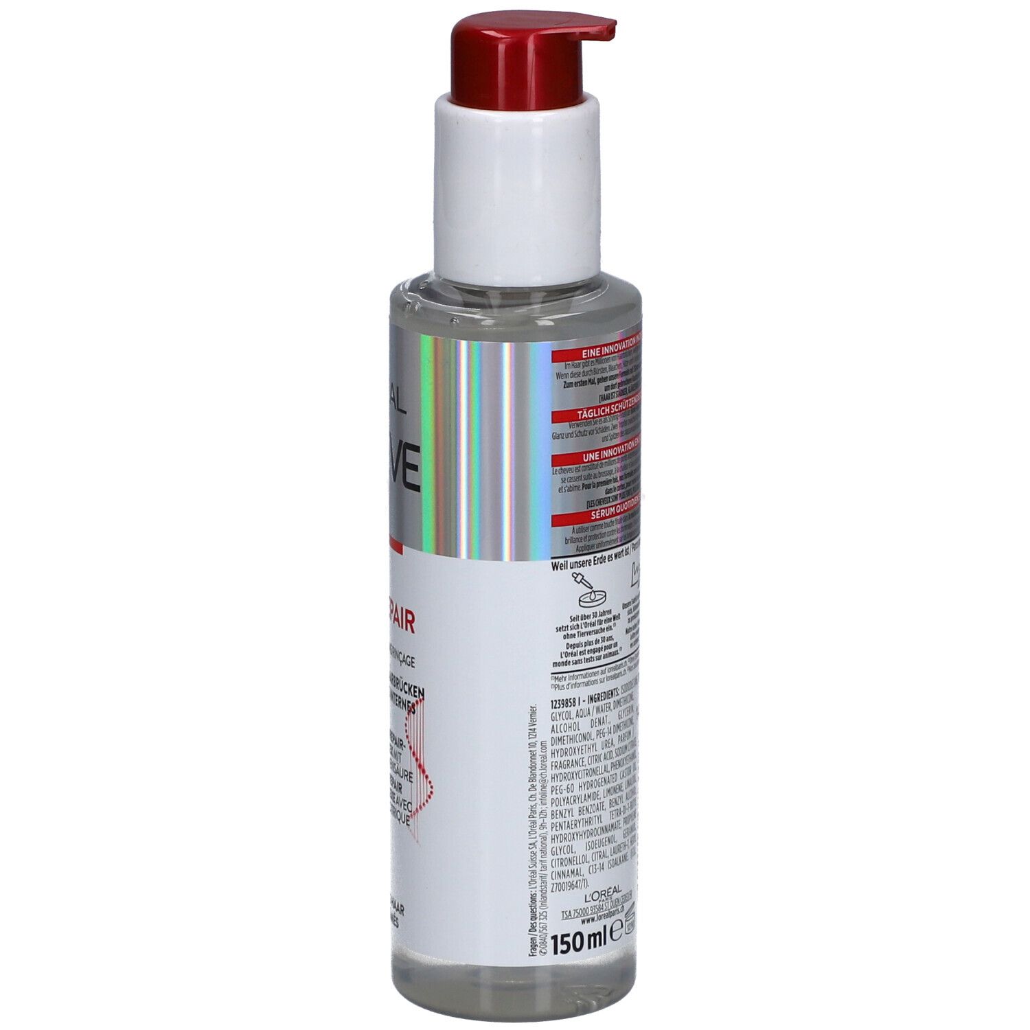 Dos du flacon de sérum. Pompe blanche, étiquettes argentées et blanches. Texte: ELSEVE, BOND REPAIR. 150ml.