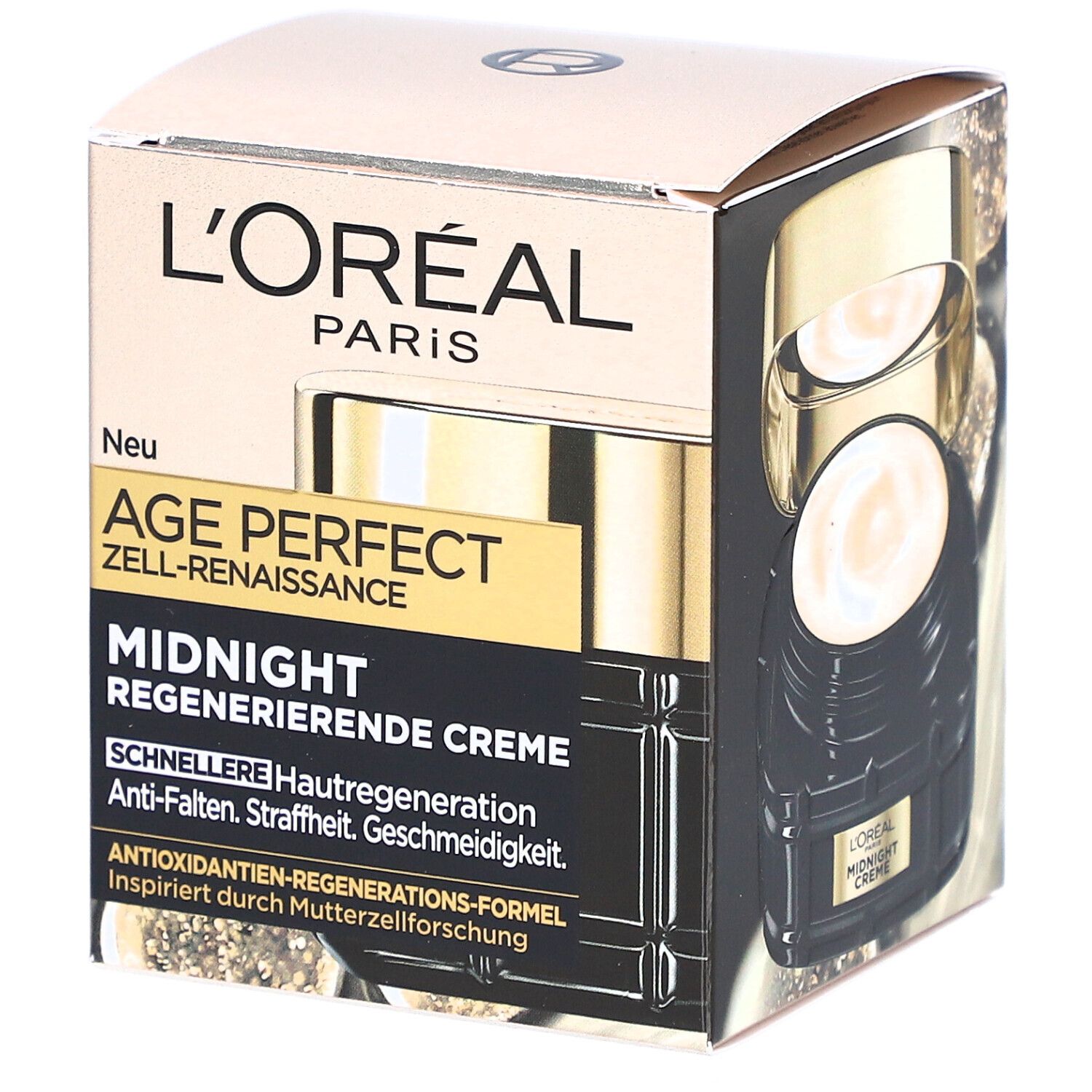 Boîte L'Oréal Age Perfect. Texte: Age Perfect Zell-Renaissance, Midnight Regenerierende Creme.