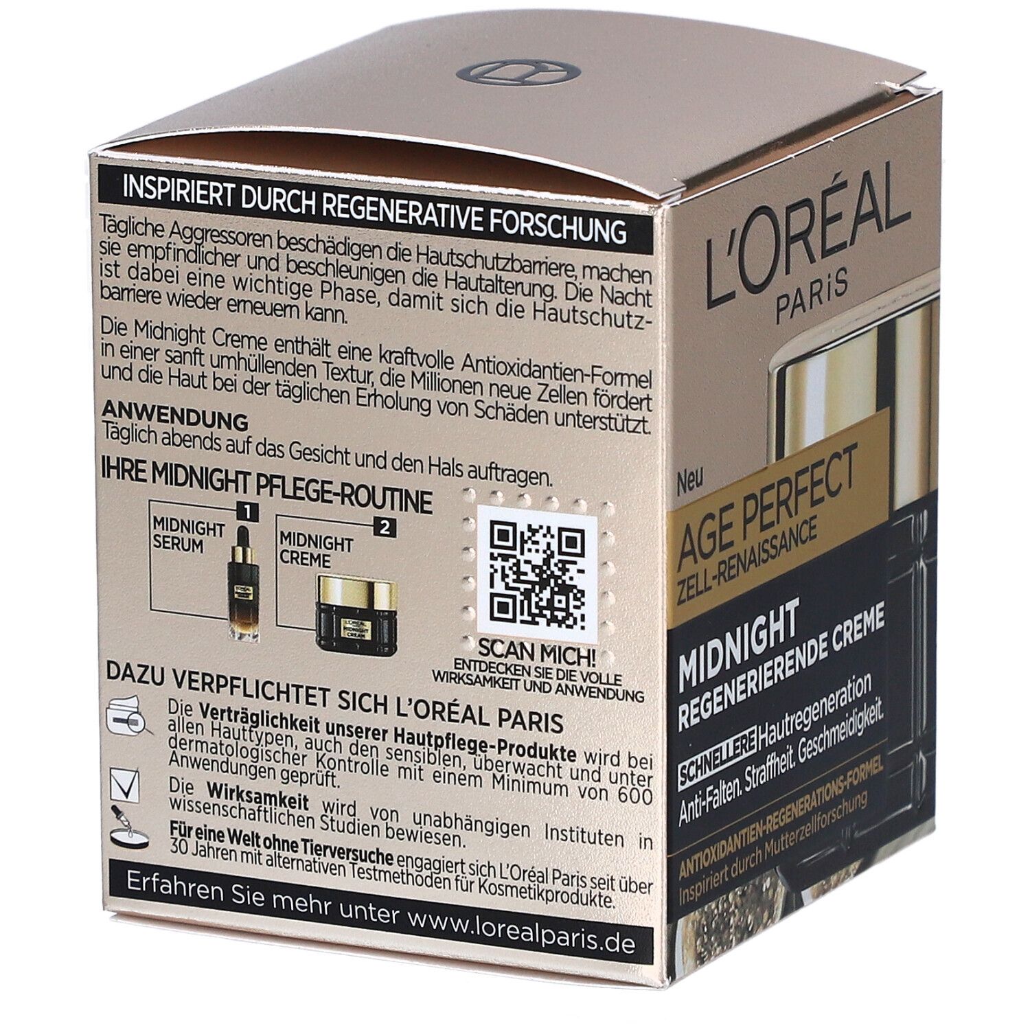 Dos de la boîte L'Oréal Age Perfect. Texte: Midnight Creme, application, code QR, L'Oréal Paris.