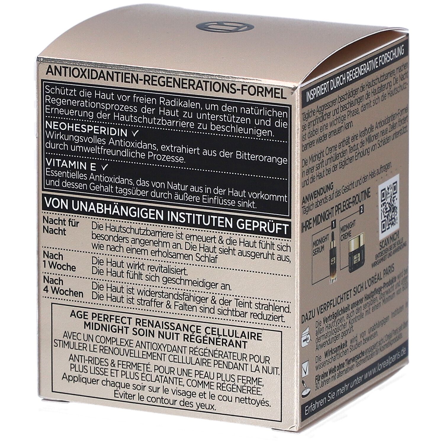 Côté de la boîte L'Oréal Age Perfect. Texte: Formule antioxydante-régénérante, Néohespéridine, Vitamine E.