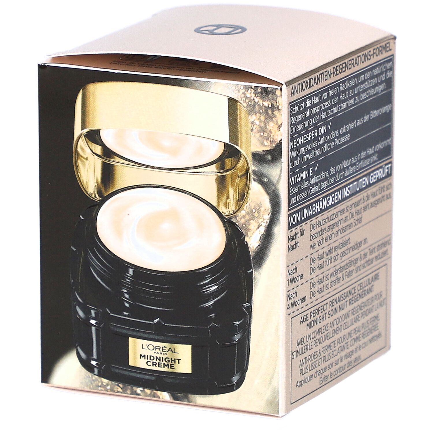 Boîte L'Oréal Age Perfect ouverte. Pot de crème visible. Texte: Midnight Creme, L'Oréal.