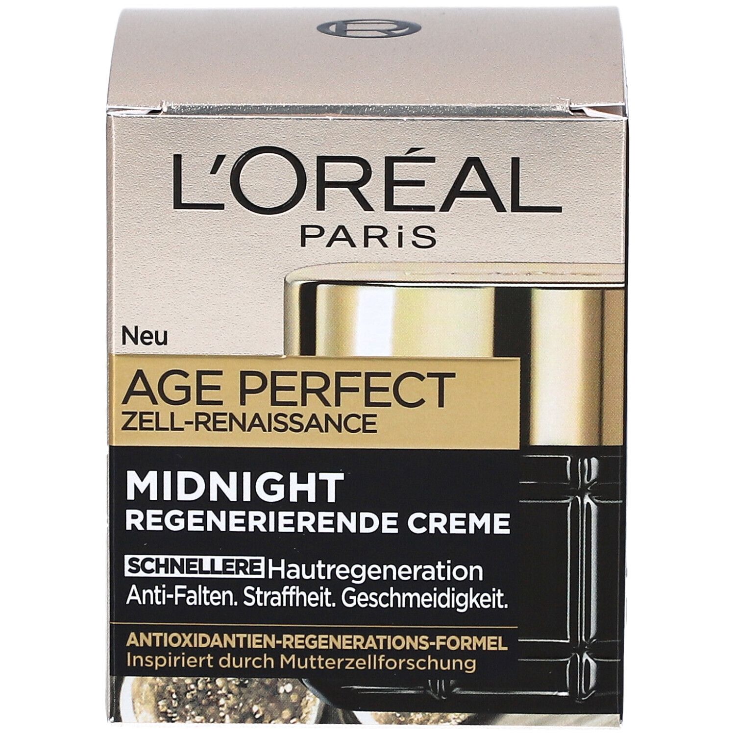 Boîte L'Oréal Age Perfect. Texte: Age Perfect Zell-Renaissance, Midnight Regenerierende Creme.