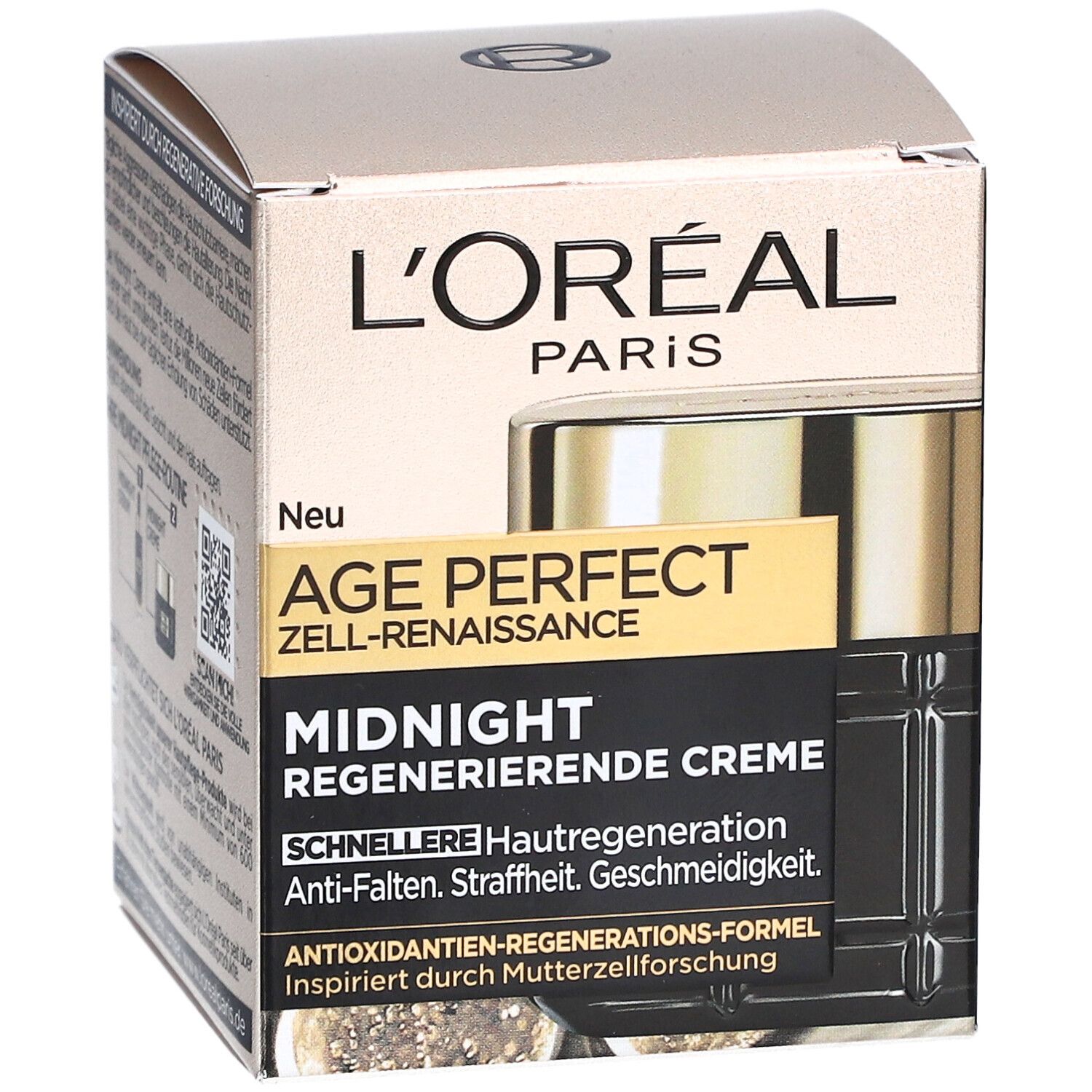 Boîte L'Oréal Age Perfect. Texte: Age Perfect Zell-Renaissance, Midnight Regenerierende Creme.