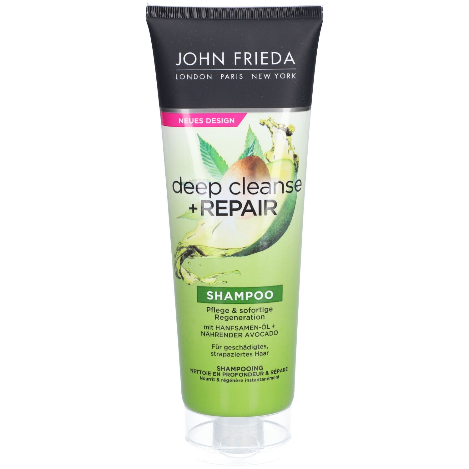 Shampoo-Tube mit Produktnamen und Logo. Grün-weißes Design mit Avocado- und Hanfsamen-Illustrationen.