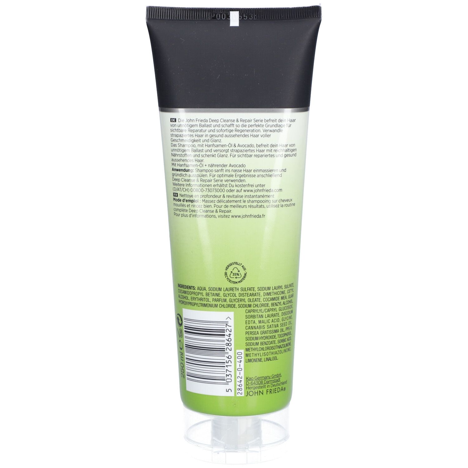 Rückseite der Shampoo-Tube. Text mit Inhaltsstoffen und Anweisungen. Grüner Hintergrund.
