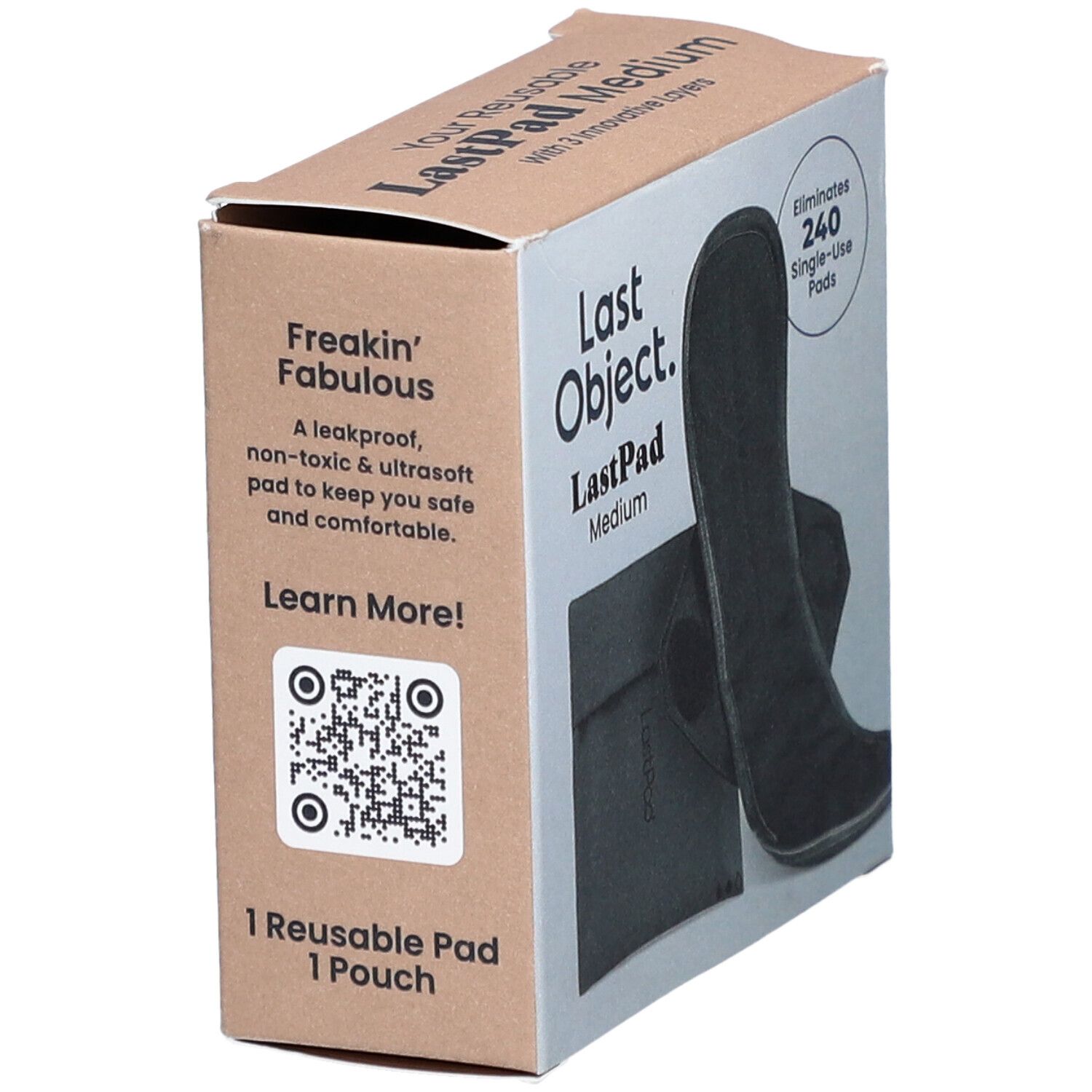 Kartonverpackung mit wiederverwendbarer Damenbinde Medium. Marke: Last Object. Text: 1 wiederverwendbarer Pad, 1 Beutel. QR-Code.