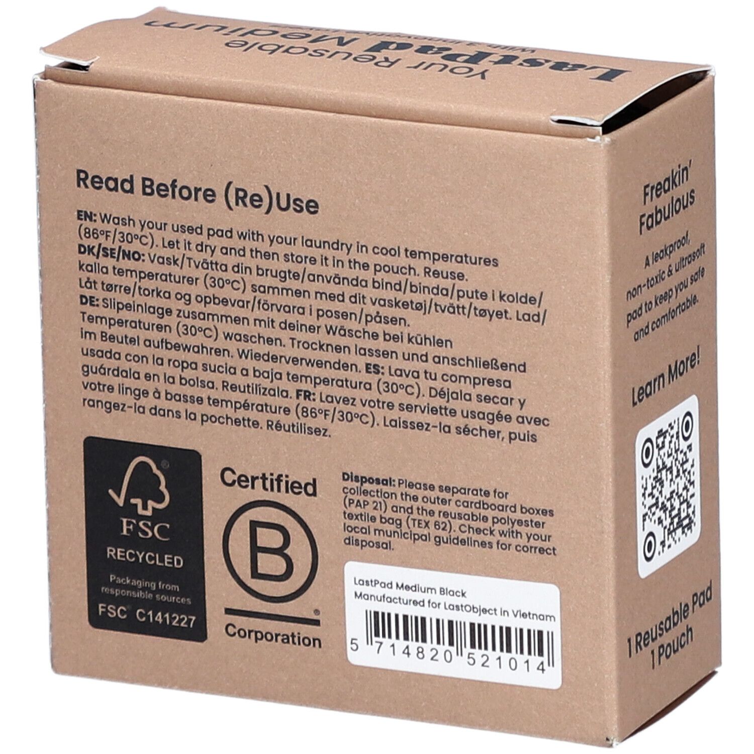 Rückseite der Kartonverpackung mit Text in mehreren Sprachen. FSC-Zertifizierung. Marke: Last Object. Text: 1 wiederverwendbarer Pad, 1 Beutel.