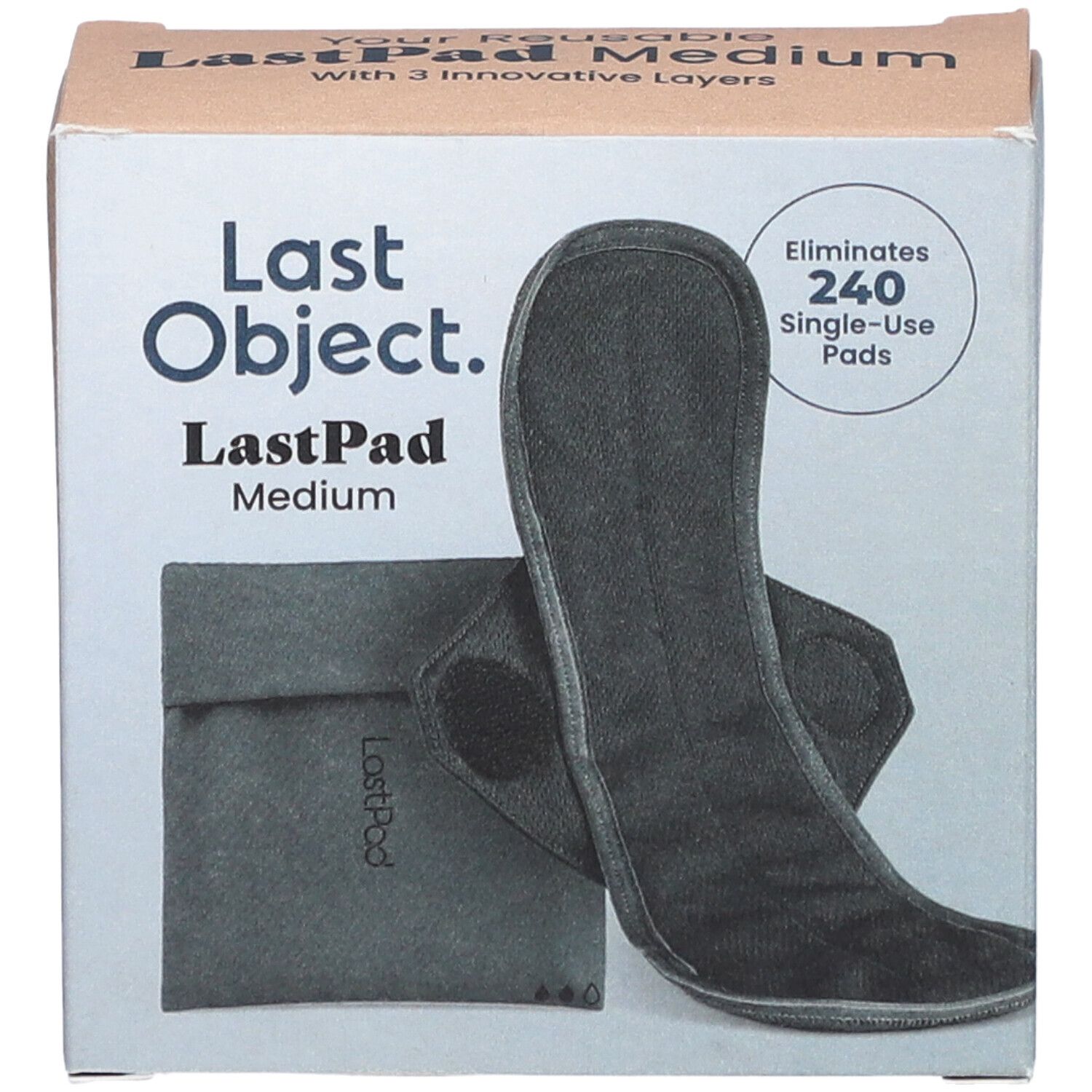 Wiederverwendbare Damenbinde Medium, grau, mit Hülle, in Kartonverpackung. Marke: Last Object. Text: 240 Einwegbinden.