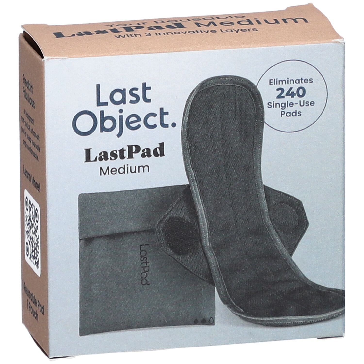 Kartonverpackung mit wiederverwendbarer Damenbinde Medium. Marke: Last Object. Text: 240 Einwegbinden. Produkt und Hülle sichtbar.