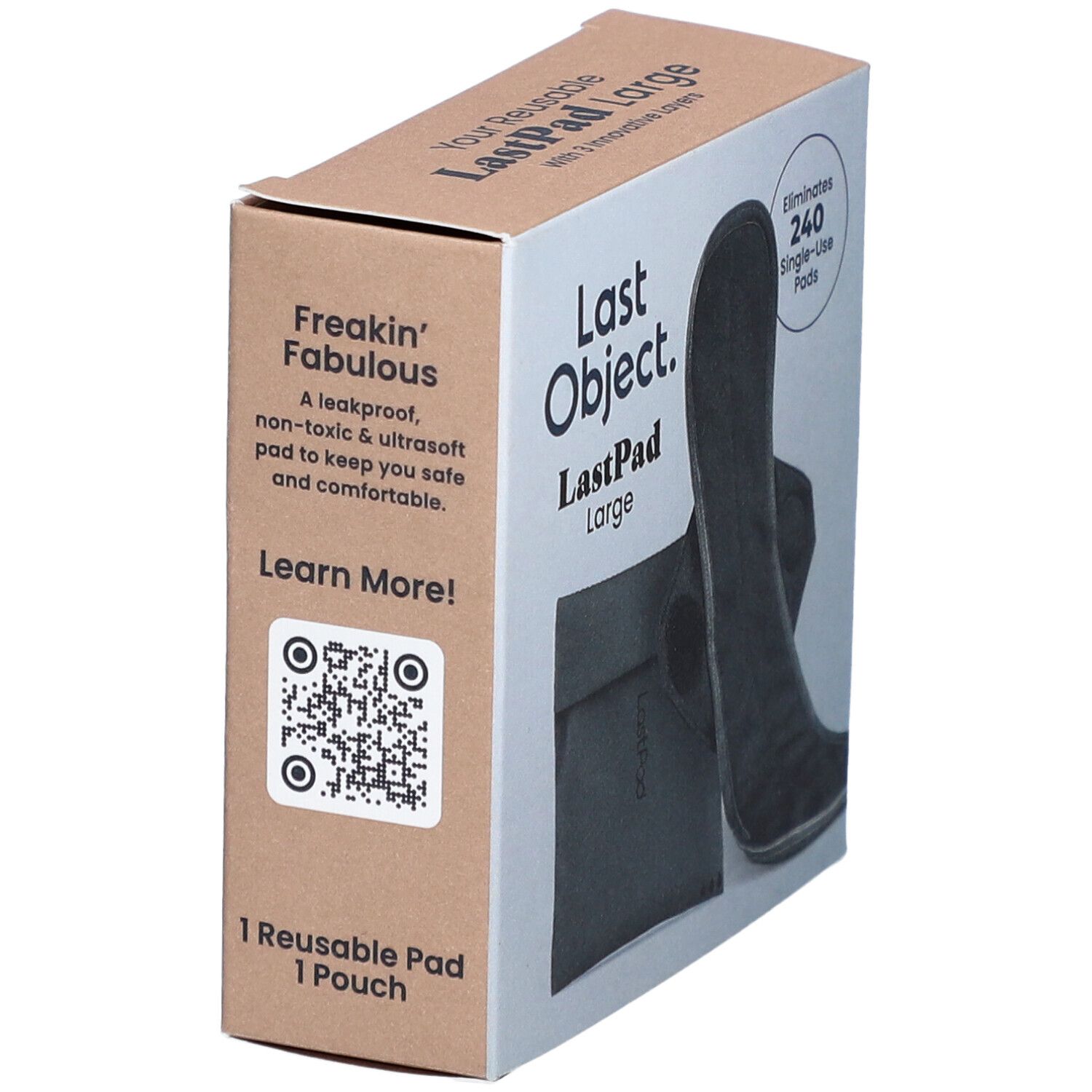 Box mit schwarzem, wiederverwendbarem Damenbinde. Text: Last Object, LastPad Large. QR-Code und Text: 1 wiederverwendbarer Pad, 1 Beutel.