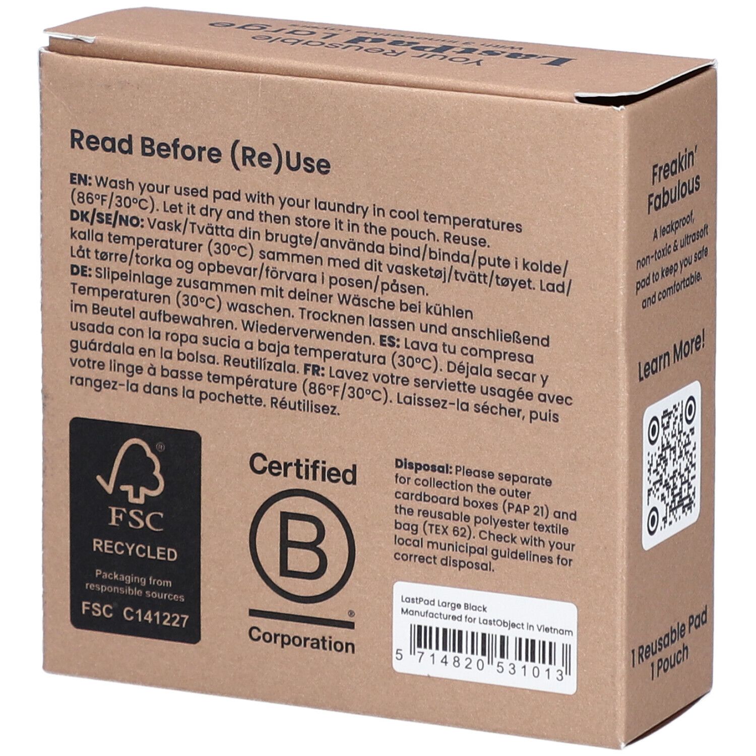 Box mit Text: FSC-Recycling, B Corp-Zertifizierung. Gebrauchsanweisung in mehreren Sprachen. Text: LastPad Large, hergestellt in Vietnam.