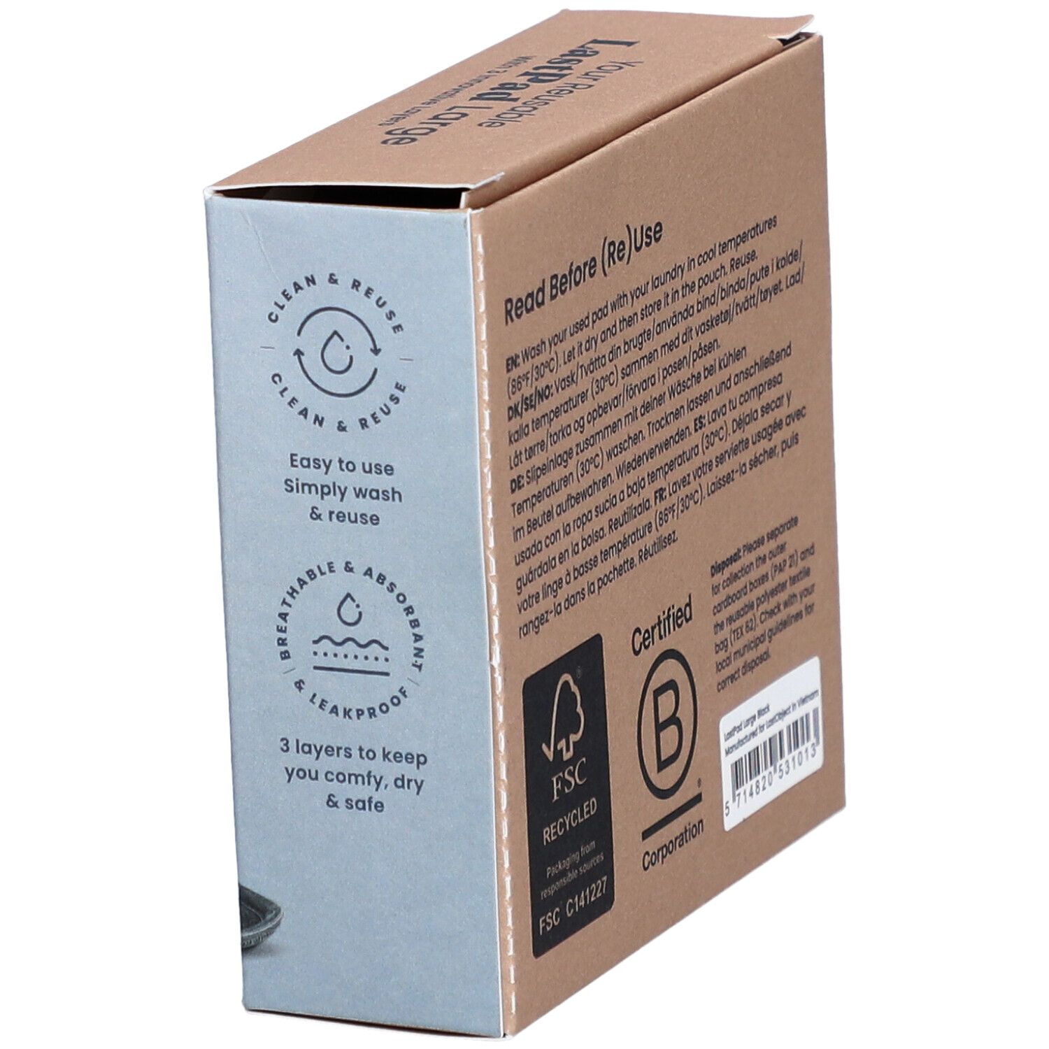 Box mit Text: Reinigen & Wiederverwenden, atmungsaktiv & auslaufsicher. FSC-Recycling-Logo, B Corp-Zertifizierung. Text: LastPad Large.