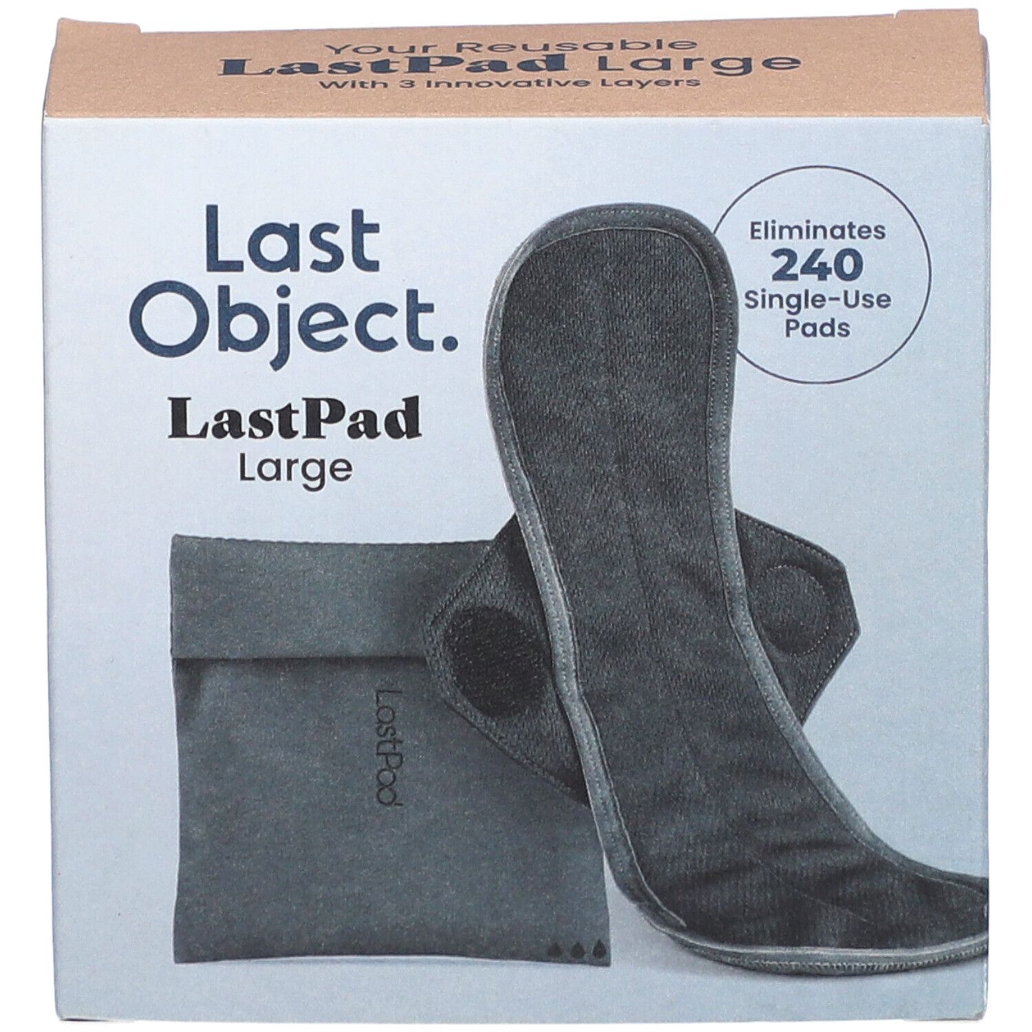 Schwarze, wiederverwendbare Damenbinde und Aufbewahrungstasche in einer Box. Text: Last Object, LastPad Large, 240 Einwegbinden.