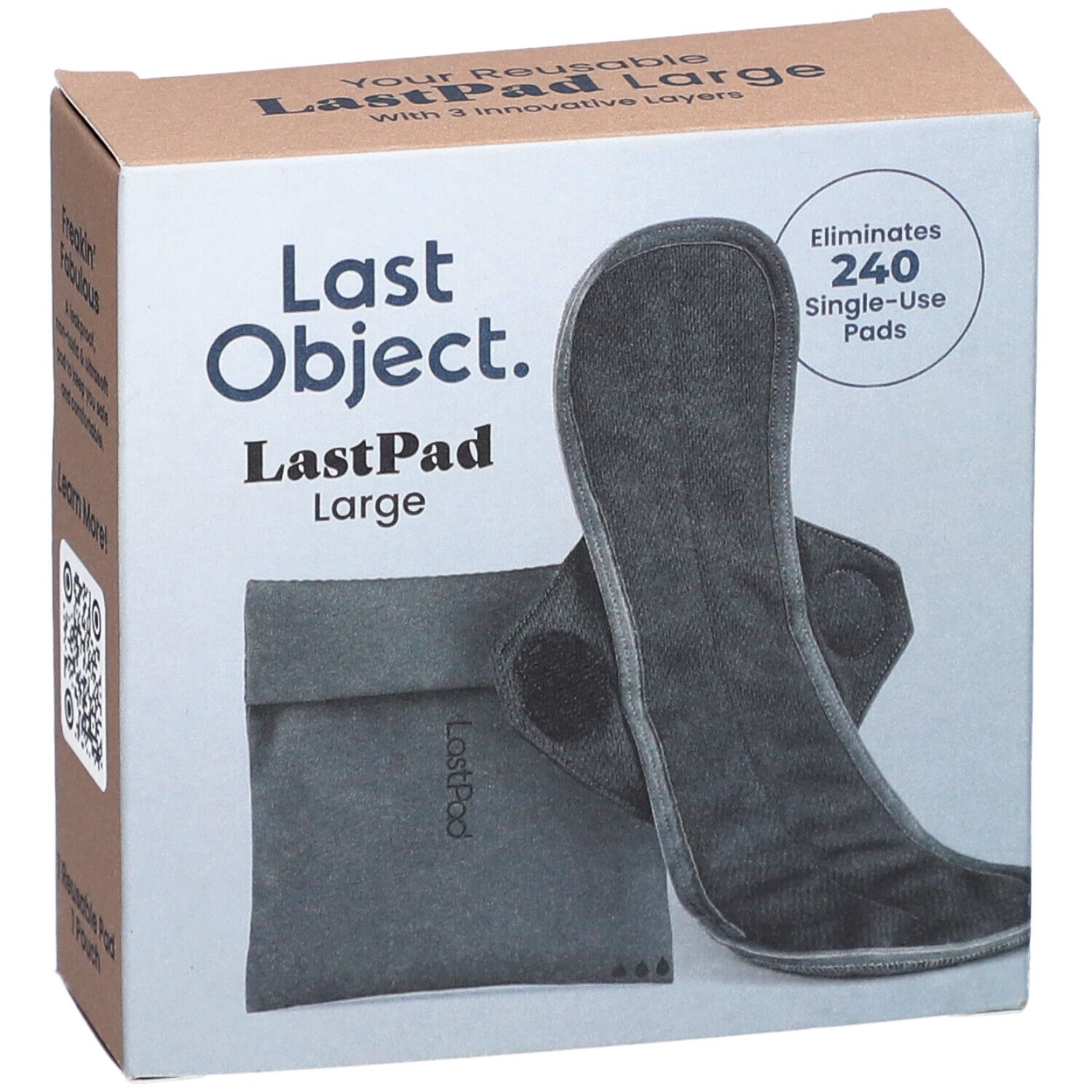 Box mit schwarzem, wiederverwendbarem Damenbinde und Aufbewahrungstasche. Text: Last Object, LastPad Large, 240 Einwegbinden.