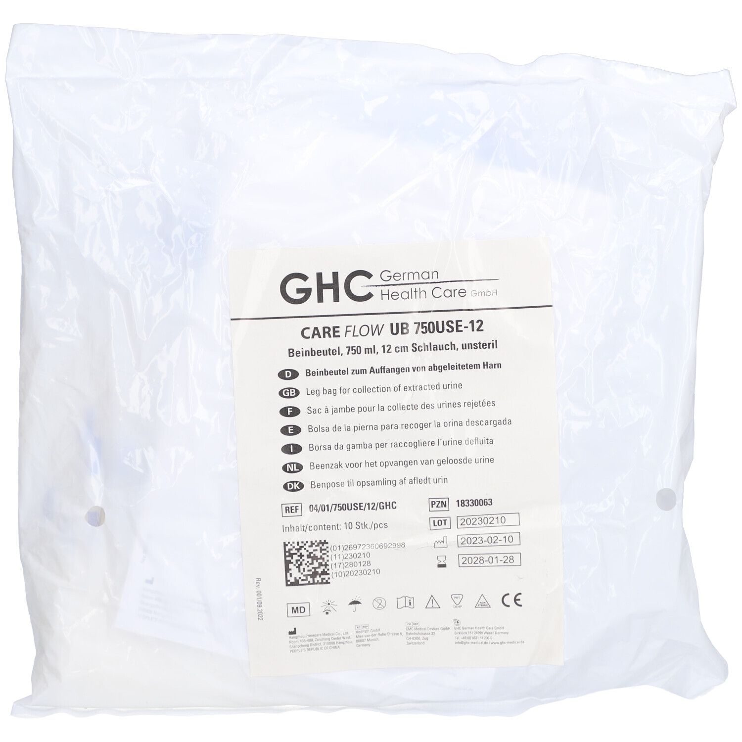 Sachet avec informations produit. Inscription: CARE FLOW UB 750USE-12, poche de jambe, 750 ml, tube 12 cm, stérile. GHC German Health Care.