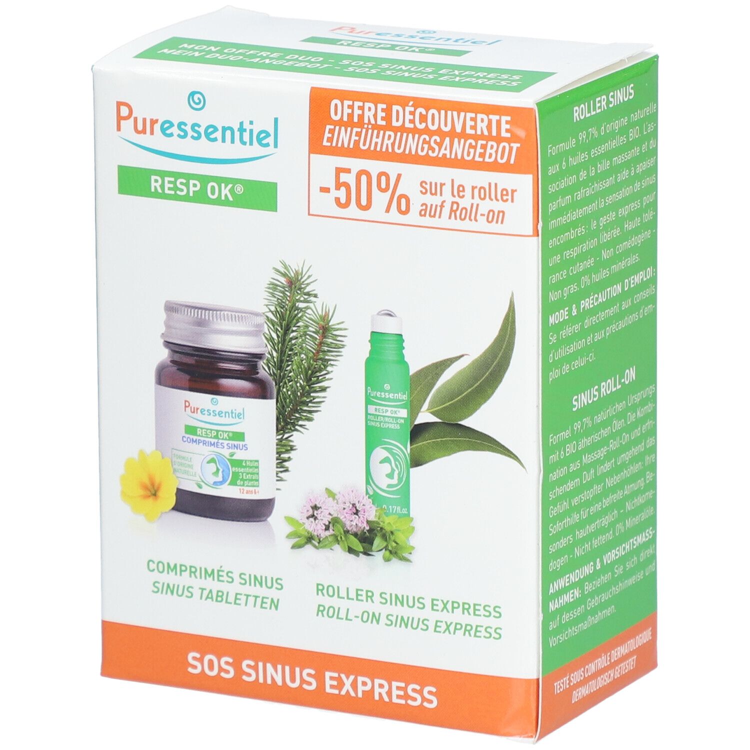 Boîte PURESSENTIEL RESP OK avec comprimés et roll-on. Texte: OFFRE DÉCOUVERTE, -50% sur le roller. Images de produits et plantes.