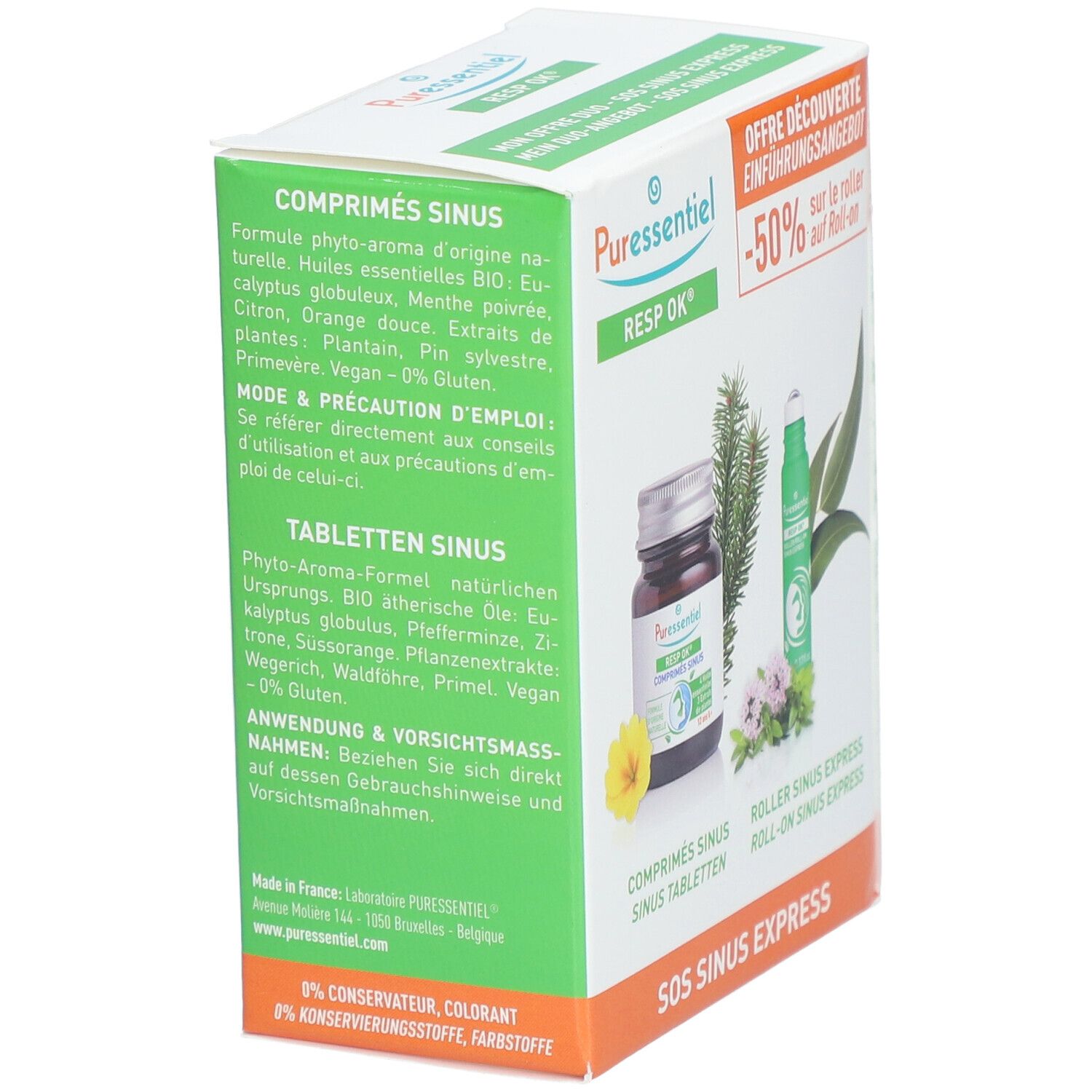 Boîte PURESSENTIEL RESP OK. Textes: COMPRIMÉS SINUS, TABLETTEN SINUS, MODE & PRÉCAUTION D'EMPLOI. Images de produits.