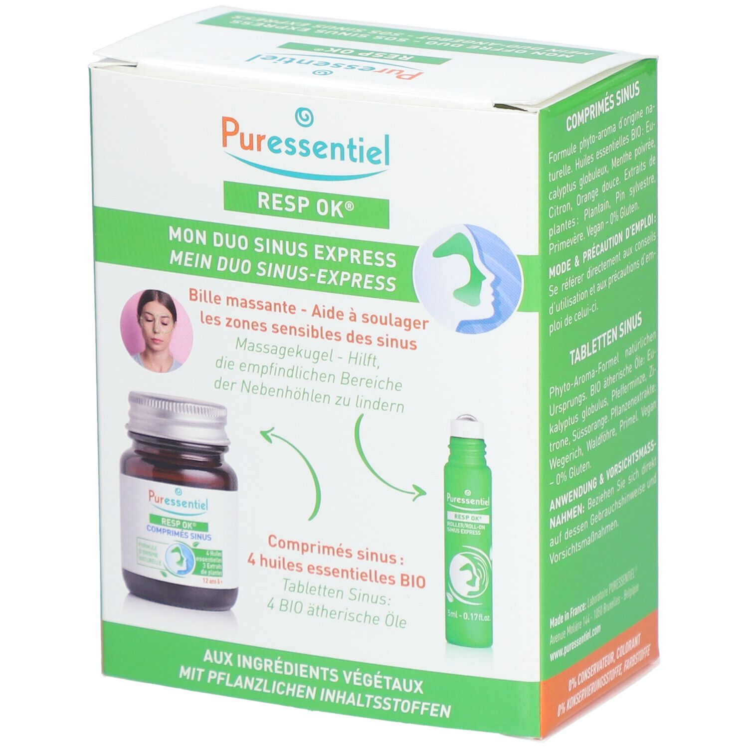 Boîte PURESSENTIEL RESP OK. MON DUO SINUS EXPRESS. Images de comprimés, roll-on et femme. Texte en français.