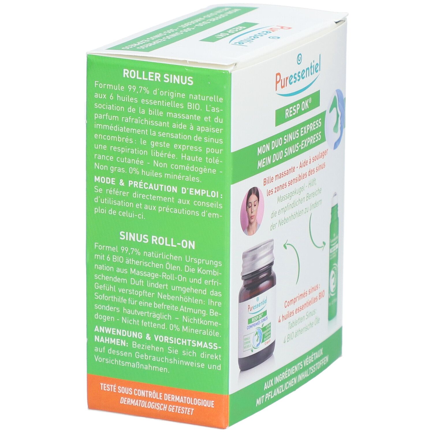 Boîte PURESSENTIEL RESP OK. Textes: ROLLER SINUS, SINUS ROLL-ON. Testé dermatologiquement. Images de produits.