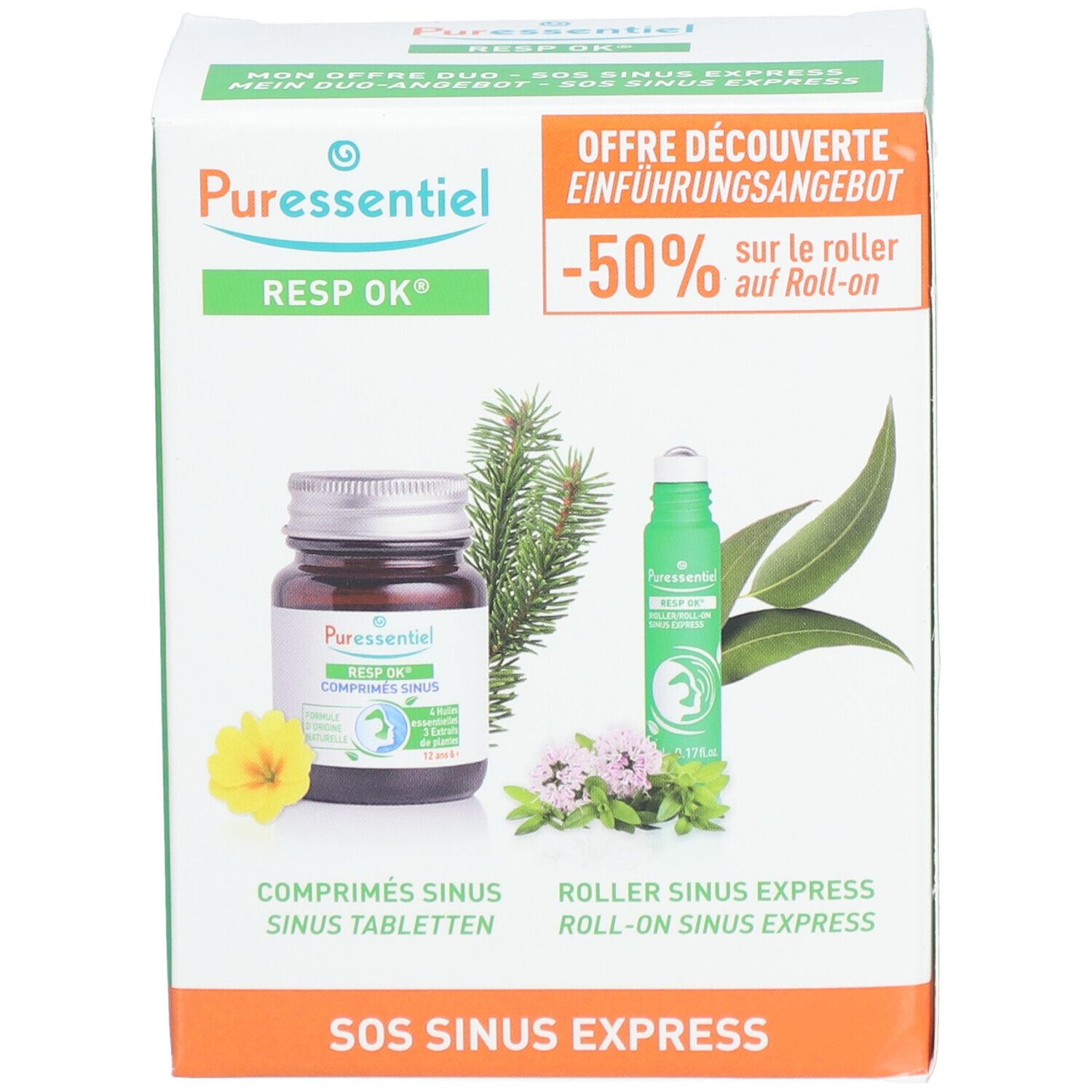 Boîte PURESSENTIEL RESP OK. Comprimés et roll-on. Texte: OFFRE DÉCOUVERTE, -50% sur le roll-on. Images de plantes.