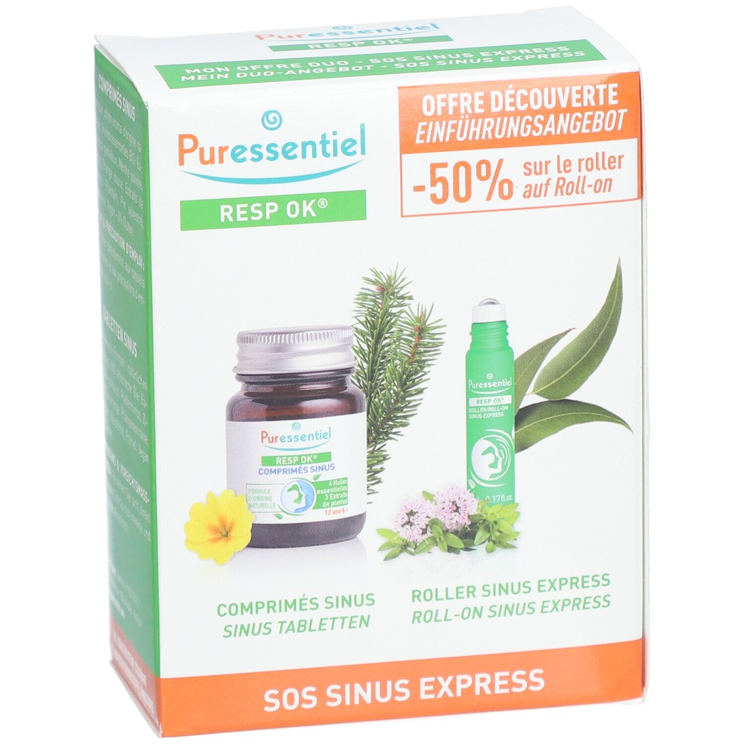 Boîte PURESSENTIEL RESP OK. Comprimés et roll-on. Texte: OFFRE DÉCOUVERTE, -50% sur le roll-on. Images de plantes.