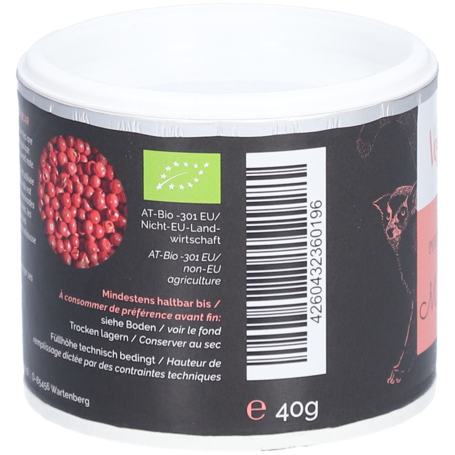 Dose mit Etikett. Rückseite mit Text und Bio-Siegel. Rosa Pfefferbeeren. Mindesthaltbarkeitsdatum. 40g.