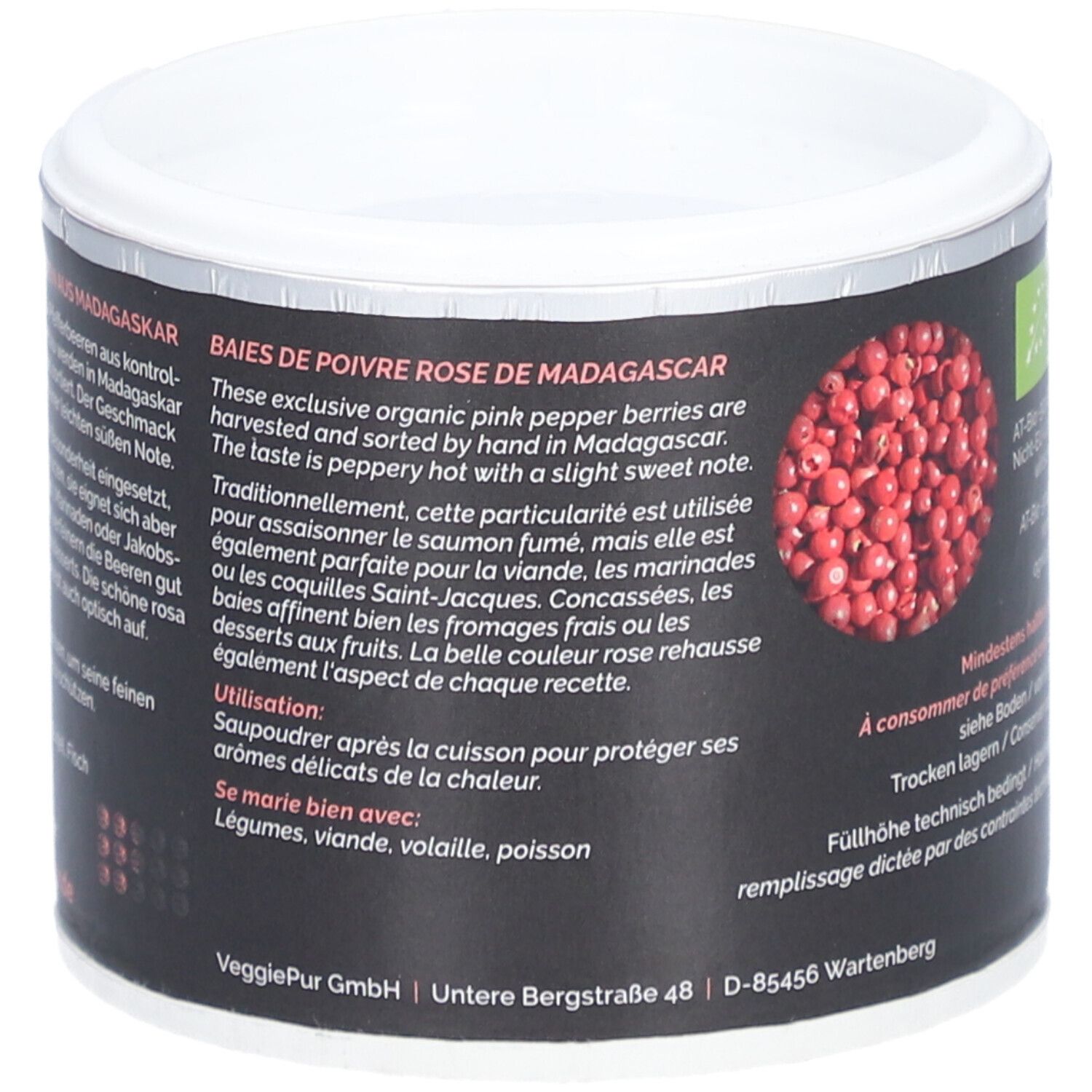 Dose mit Text. Rosa Pfefferbeeren aus Madagaskar. Text in Deutsch und Französisch. Bio-Siegel. 40g.
