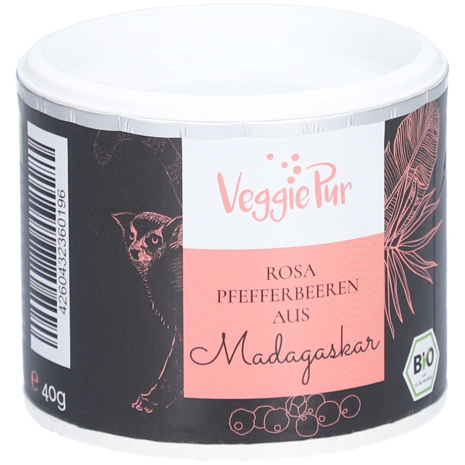 Runde Dose mit VEGGIEPUR-Etikett. Rosa Pfefferbeeren aus Madagaskar. Bio-Siegel. Schwarzer Hintergrund.