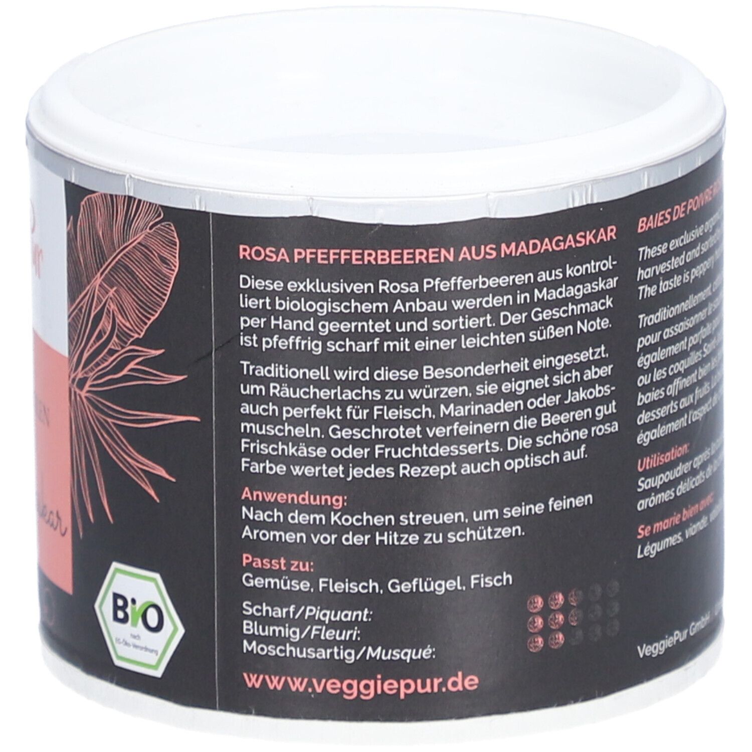Dose mit Text. Rosa Pfefferbeeren aus Madagaskar. Text in Deutsch und Französisch. Bio-Siegel. 40g.