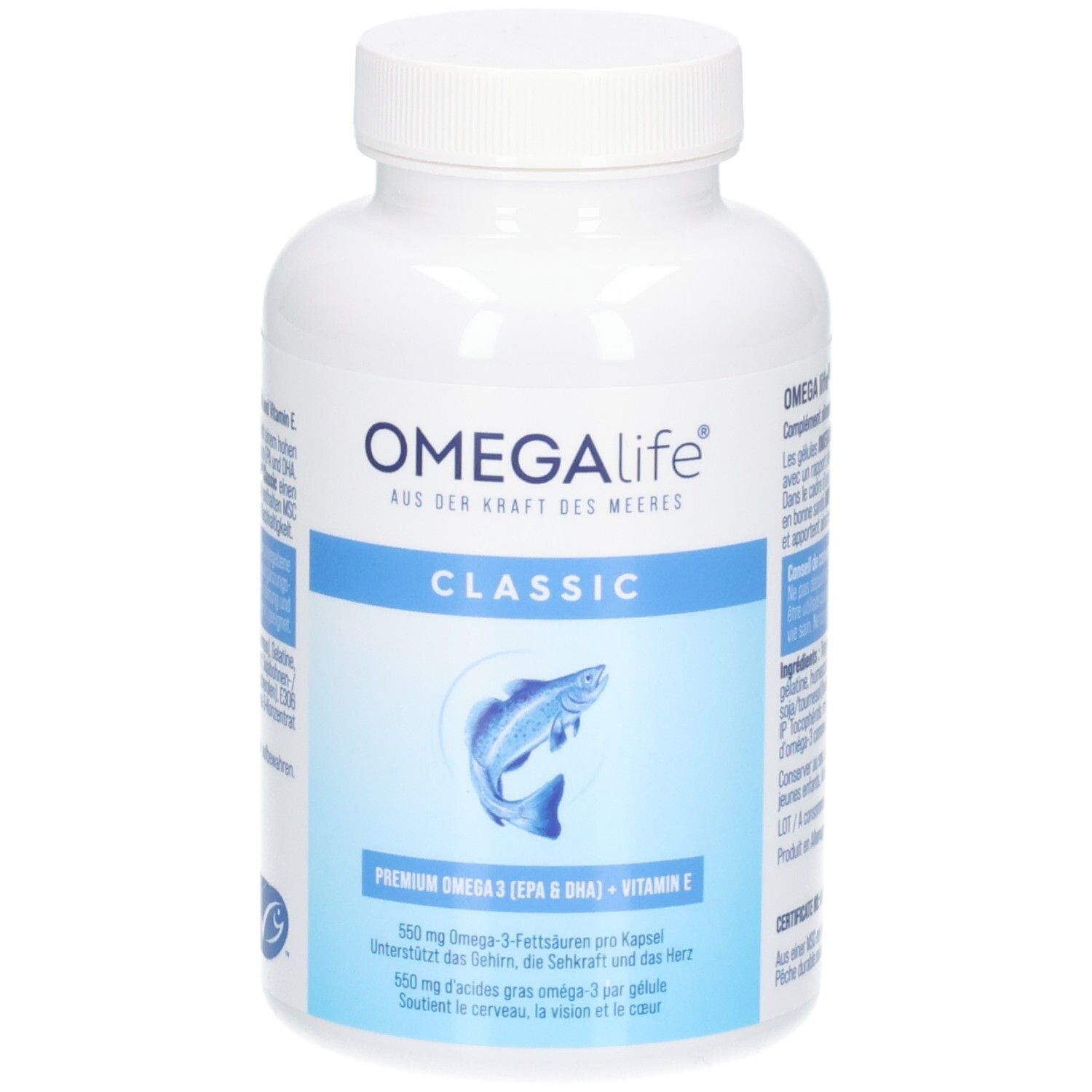 OMEGAlife CLASSIC Kapseldose mit Fisch-Logo. Enthält Premium Omega 3 (EPA & DHA) + Vitamin E.