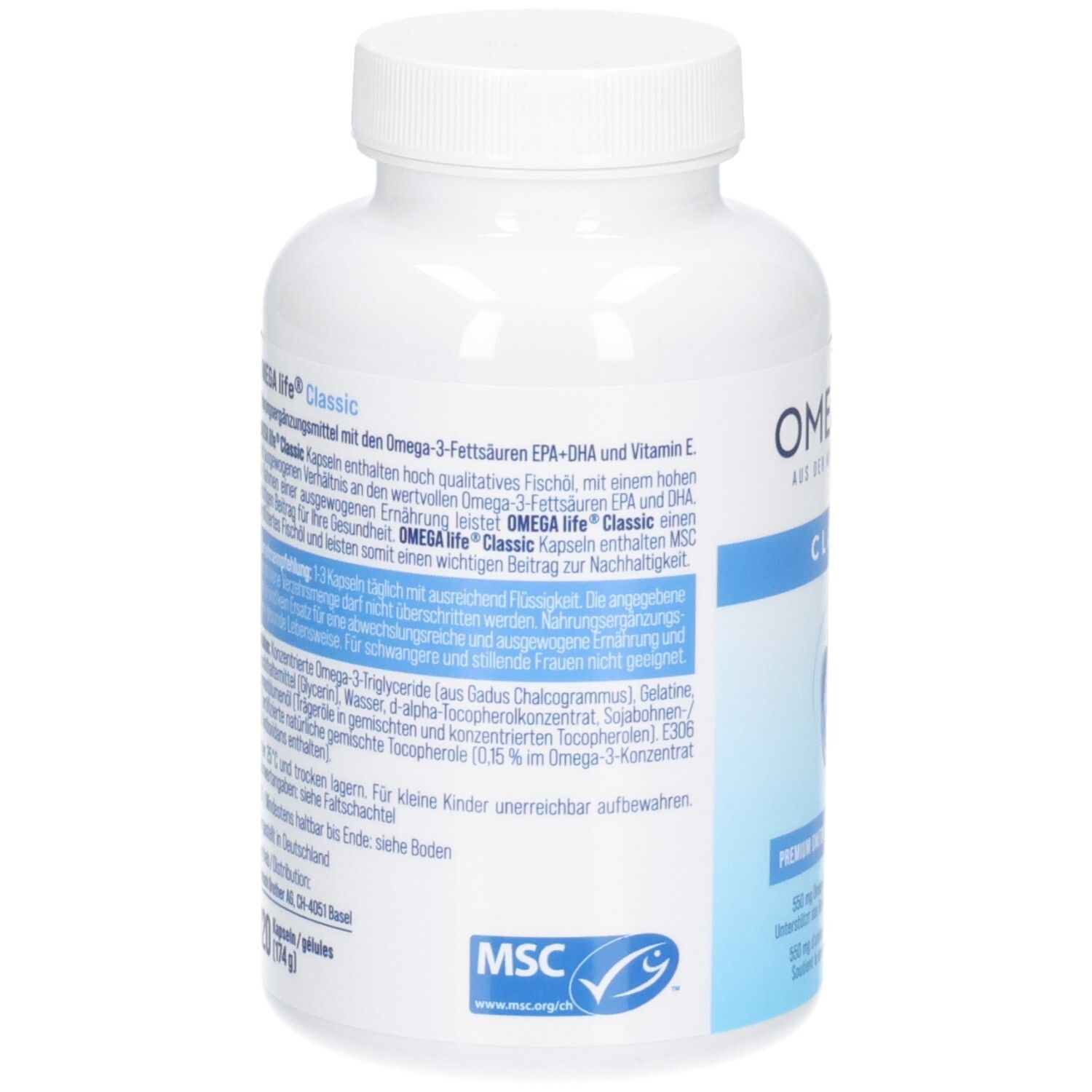 Rückseite der OMEGALife CLASSIC Kapseldose mit detaillierten Produktinformationen und MSC-Zertifizierung.