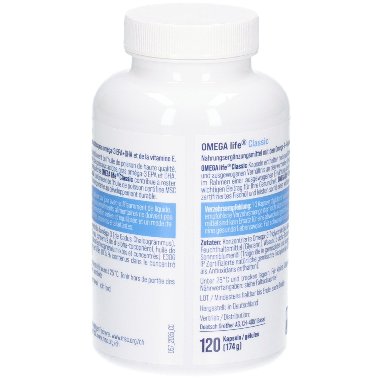 Seitenansicht der OMEGALife CLASSIC Kapseldose, zeigt 120 Kapseln (174g) und MSC-Zertifizierung.