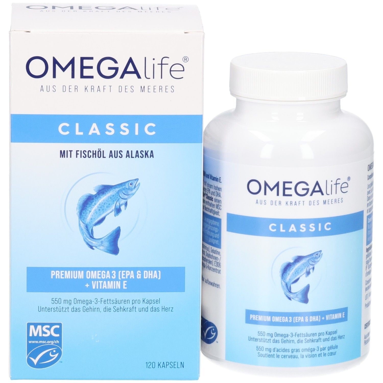 OMEGALife CLASSIC Dose und Verpackung mit Fisch-Logo. Premium Omega 3 (EPA & DHA) + Vitamin E.