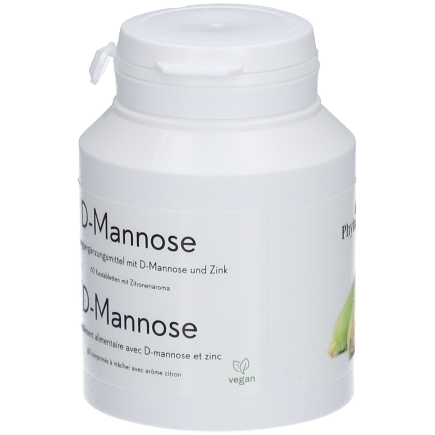 Weiße Flasche mit Drehverschluss. Aufschrift "D-Mannose" und "vegan". Produktverpackung.