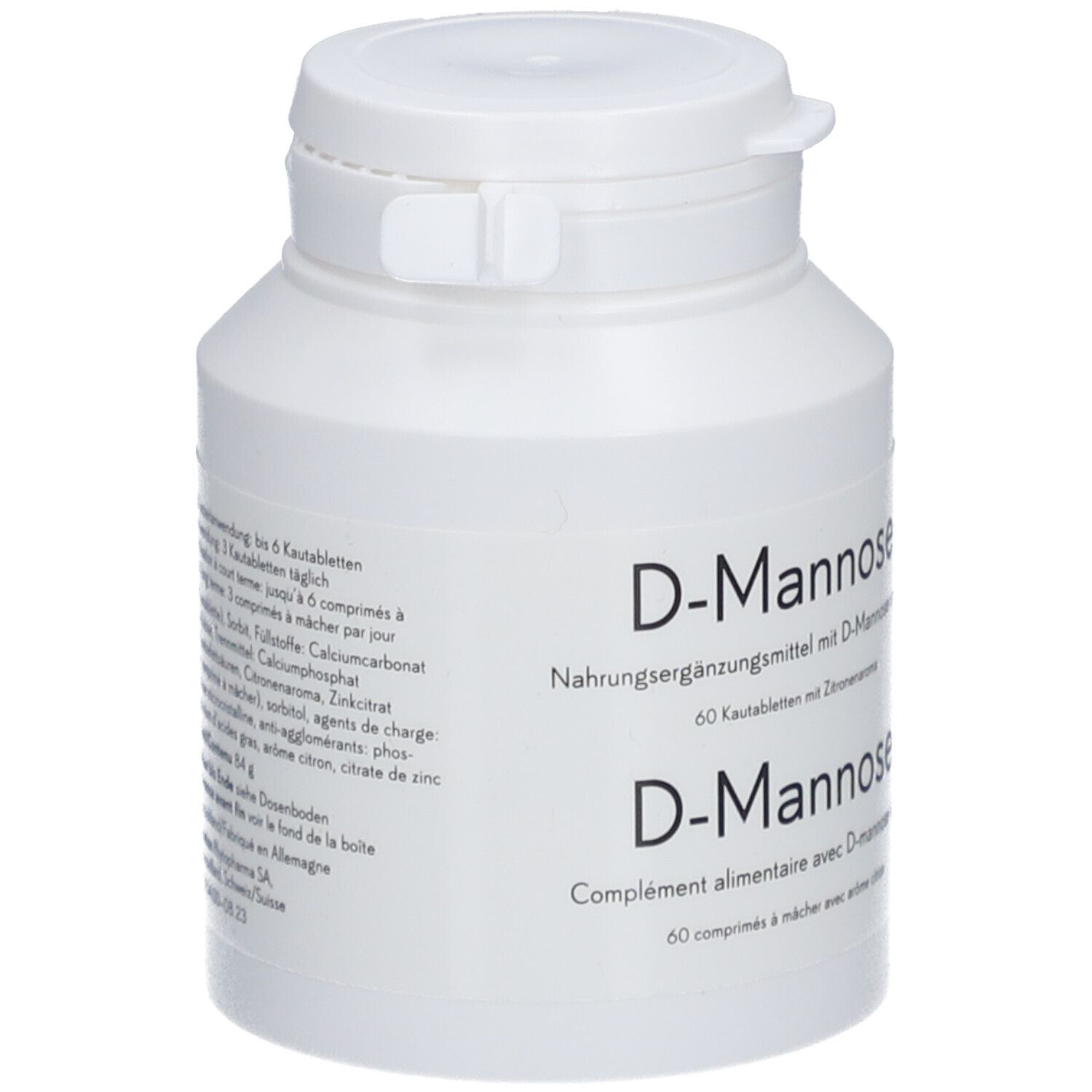 Weiße Flasche mit Drehverschluss. Aufschrift "D-Mannose" und "60 Kautabletten". Produktverpackung.
