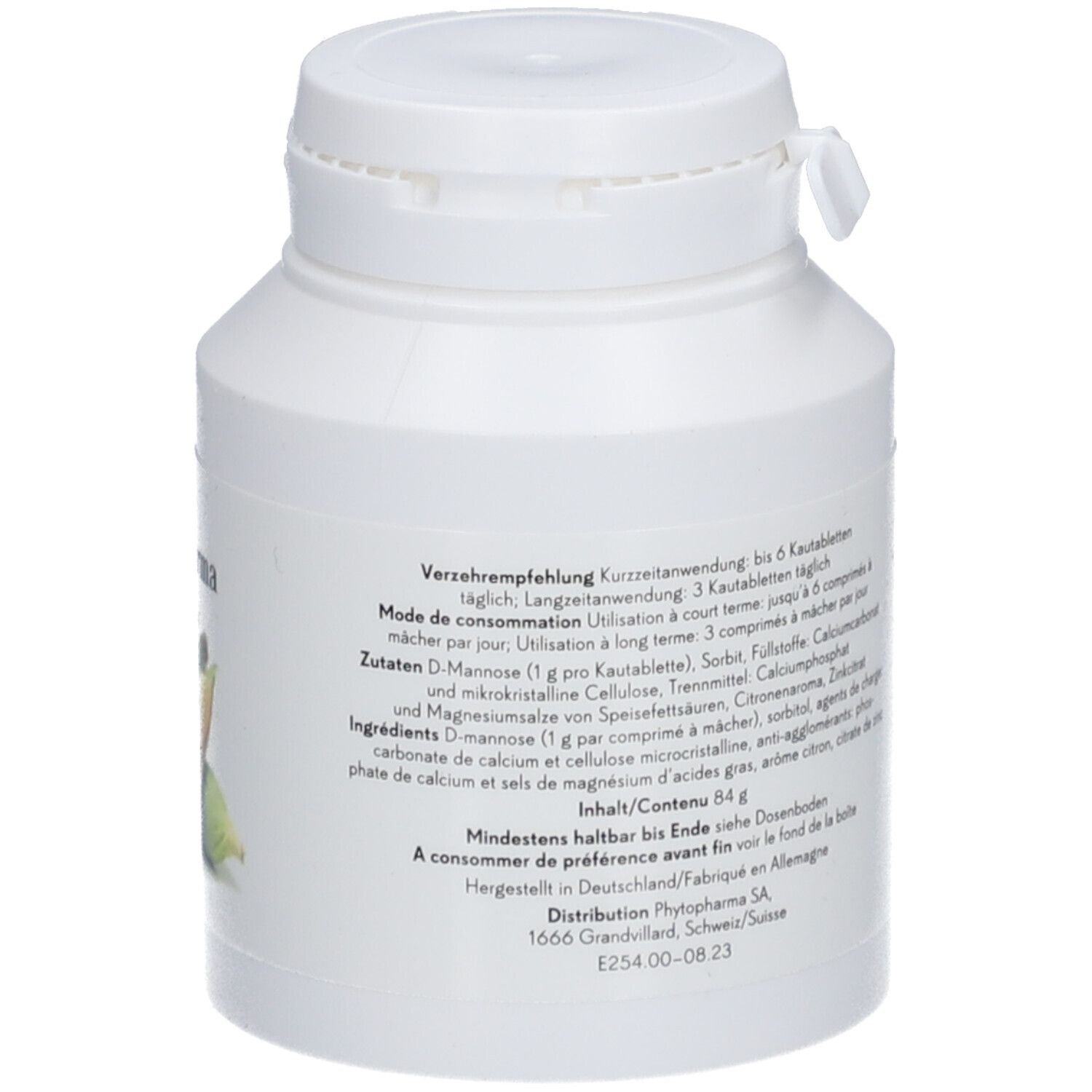 Weiße Flasche mit Drehverschluss. Text mit Inhaltsstoffen und Verzehrempfehlung. Produktverpackung.