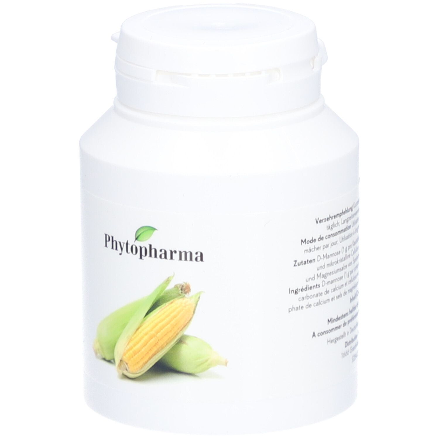 Weiße Flasche mit Drehverschluss. Aufschrift "Phytopharma" und Maiskolben-Illustration. Produktverpackung.