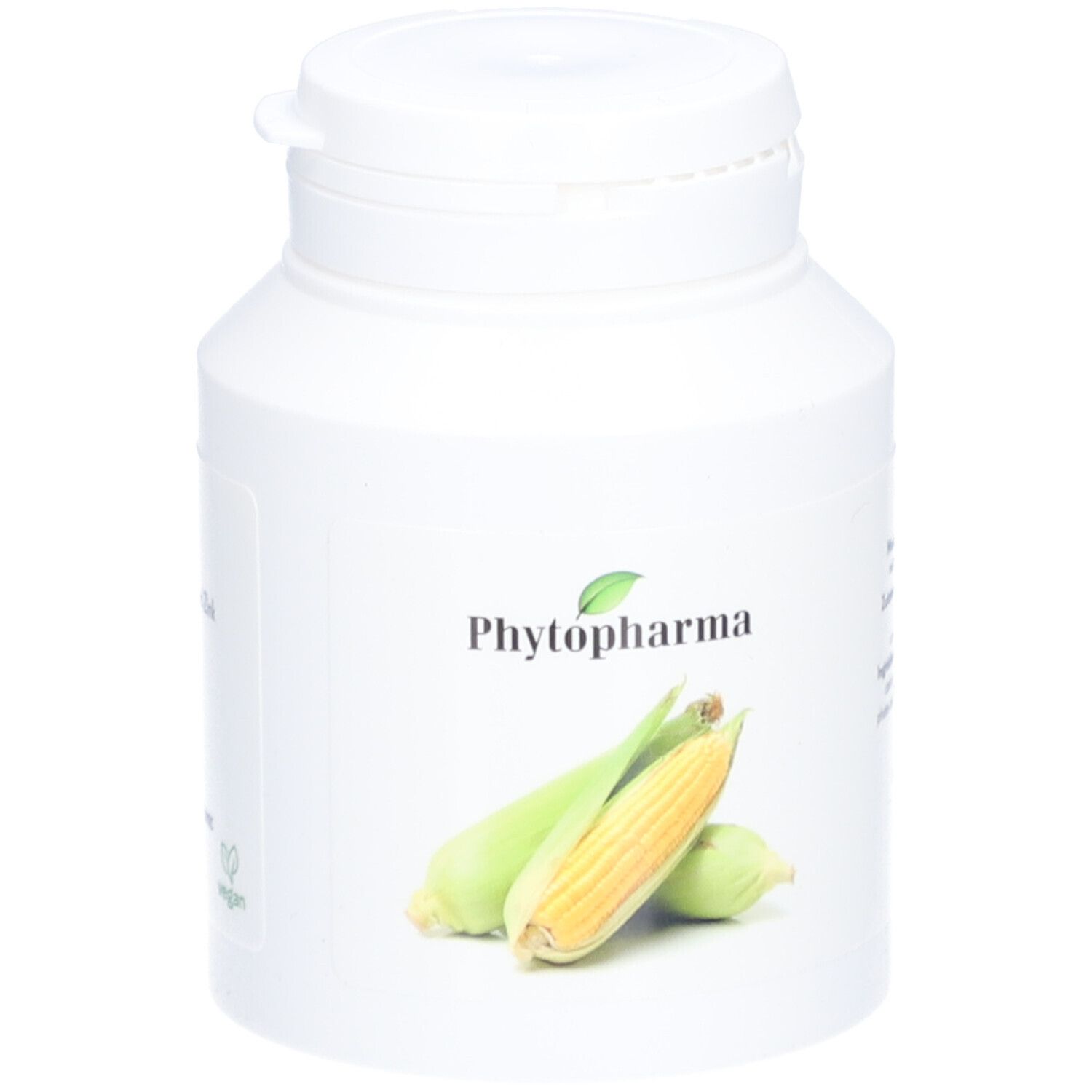 Weiße Flasche mit Drehverschluss. Aufschrift "Phytopharma" und Maiskolben-Illustration. Produktverpackung.