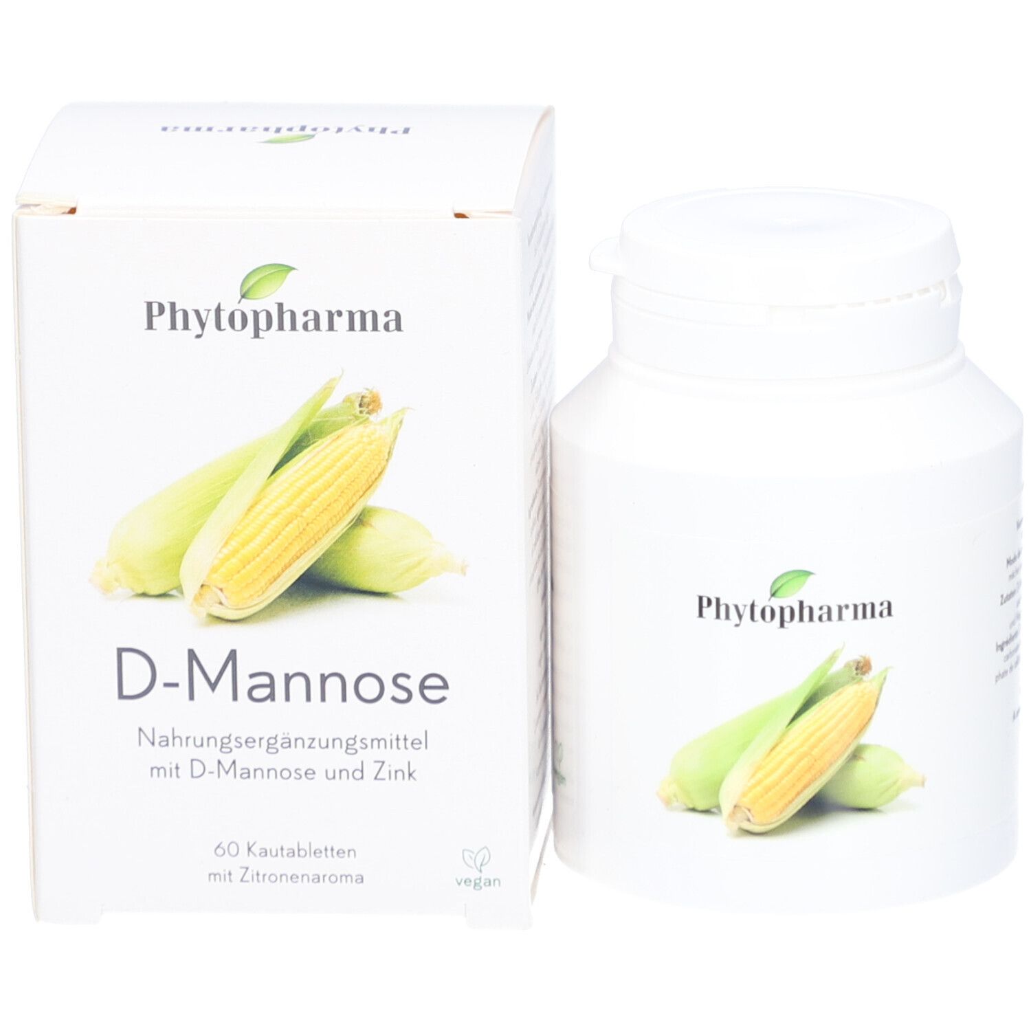 Weiße Flasche und Karton. Aufschrift "Phytopharma", "D-Mannose" und Maiskolben-Illustration. Produktverpackung.